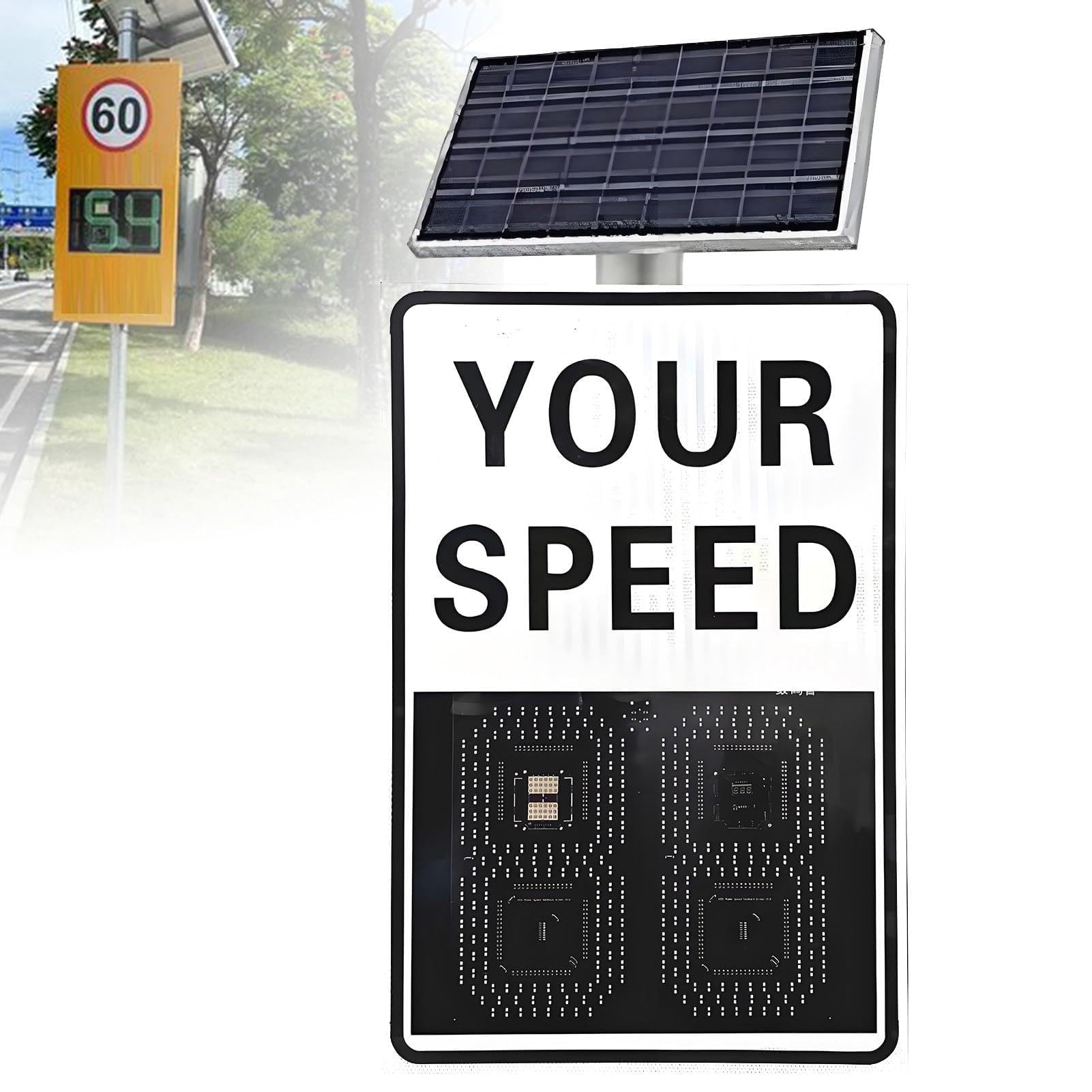 Señal de visualización de velocidad de radar, señal de tráfico LED alimentada por energía solar con luz de advertencia intermitente, 24 x 35 pulgadas para un control eficaz del límite de velocidad