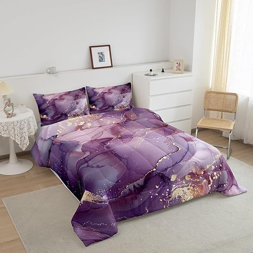 Miniatura 3 de Manfei Juego de edredón de mármol morado, tamaño King, juego de ropa de cama de mármol acuarela de 3 piezas para decoración de habitación de niños y