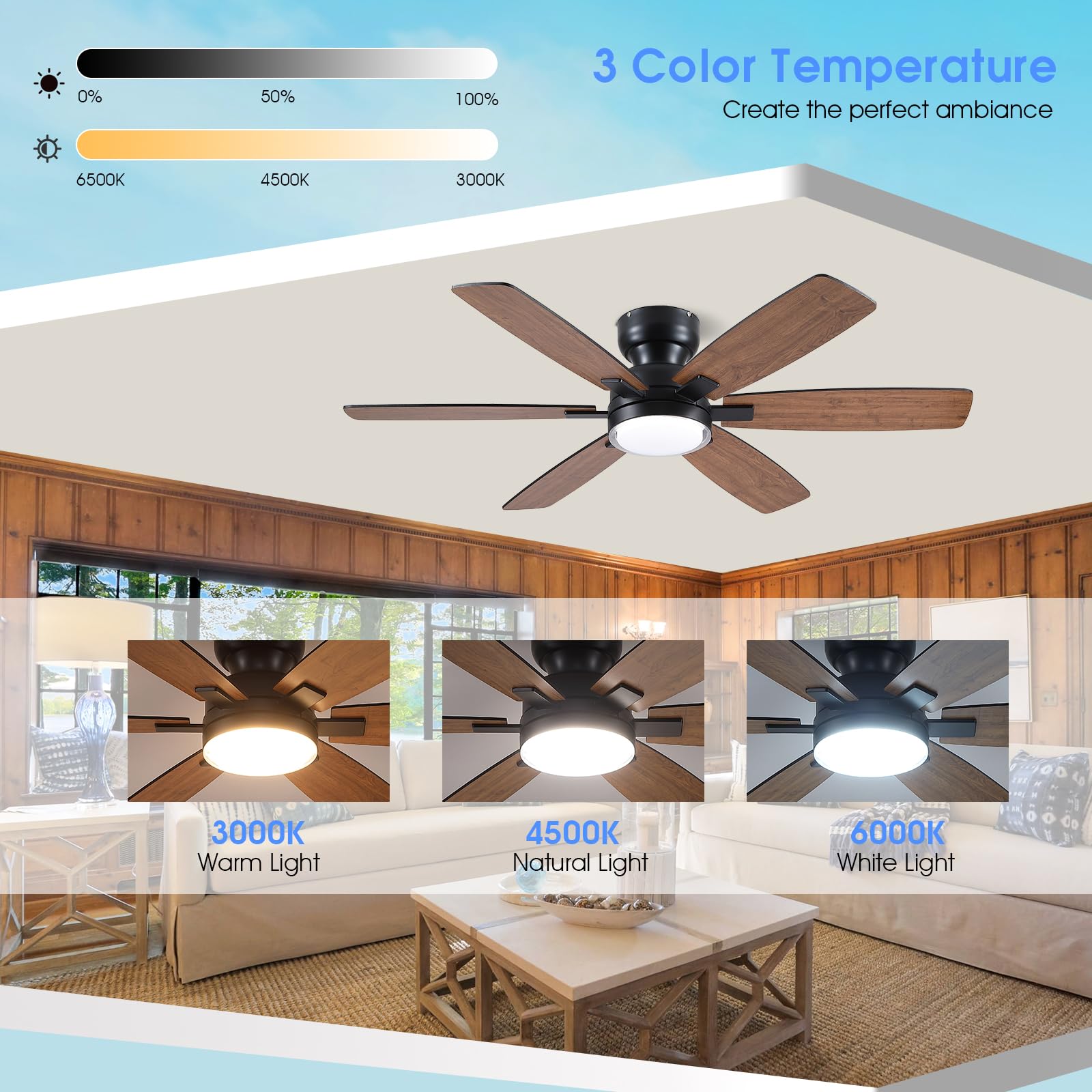 Kviflon Ventilador de techo rústico 132 cm con luz, montaje empotrado bajo, control remoto y APP, 6 aspas reversibles dobles, luz LED regulable 3 CCT para salón y estilo granja, marrón