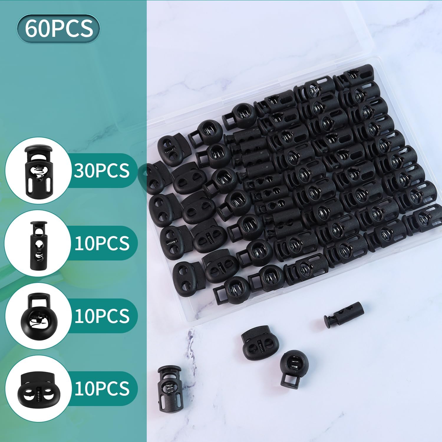 60 Pack 4 Sizes Plastic Cord Lock, Spring Toggle Stopper With, Draw String Clip, For Drawstrings, Shoelaces, Paracord, Hoodie Cord Clips, Sweatpants And More