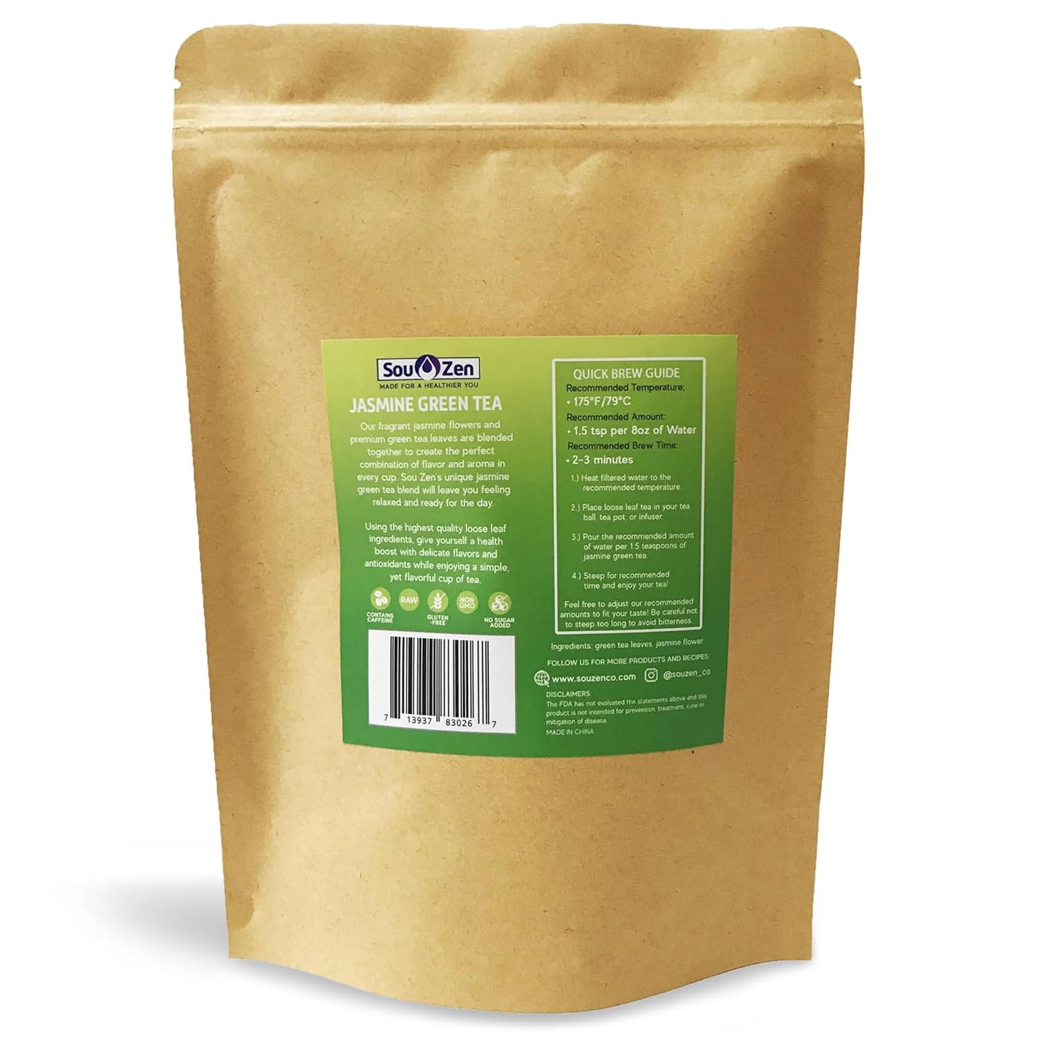 Sou Zen Jasmine Green Tea Loose Leaf Blend 4oz (113g) | Premium Quality Tea Leaves and Flowers | Raw with Naturally Organic Antioxidants | Relaxing and Revitalizing Tea with No Additives - Image 2