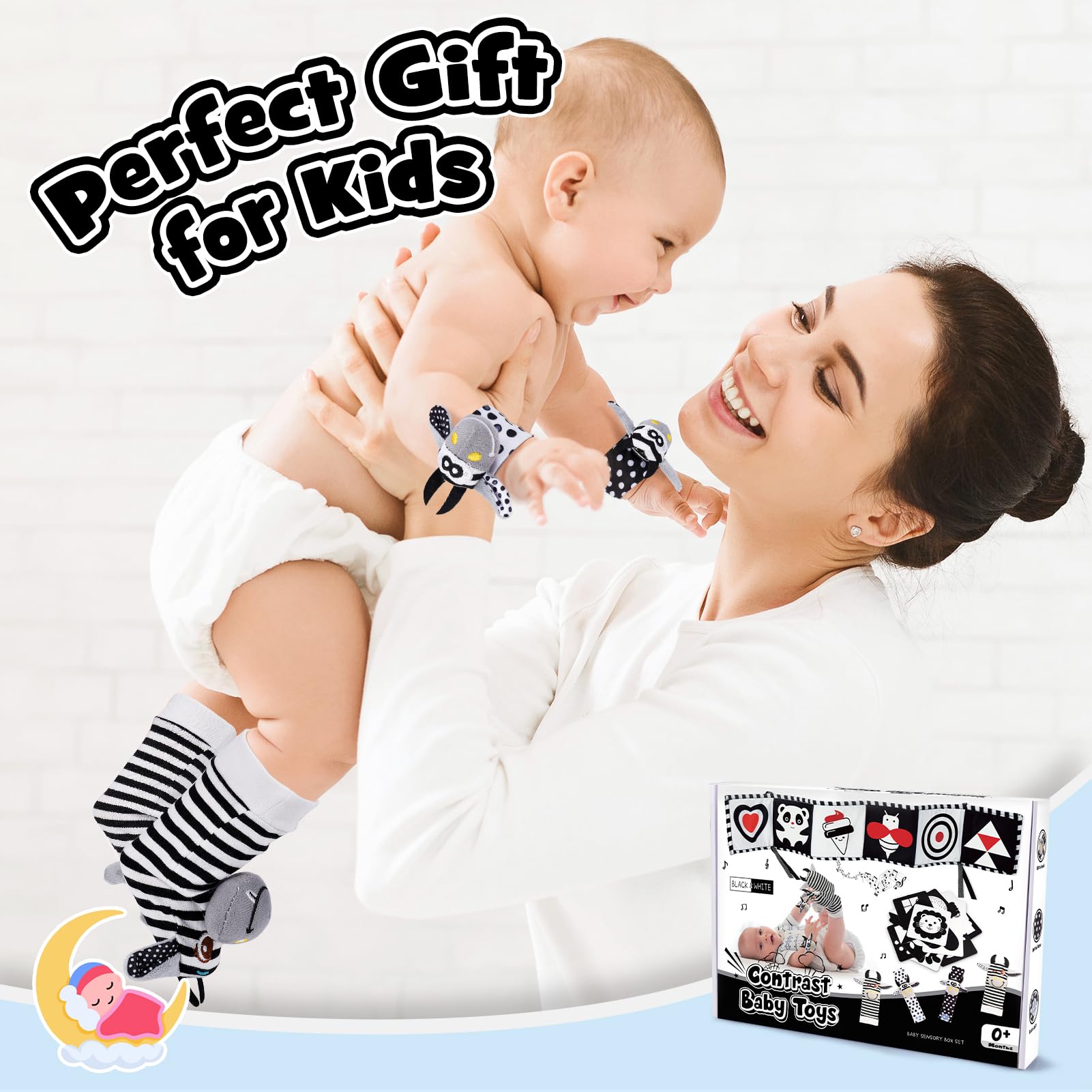 HappyKidsClub Kontrastowa książka dla niemowląt Czarno-biała zabawka, kontrastowe karty Zabawka dla niemowląt 0-12 miesięcy Grzechotka Skarpetki Dziecko 0-6 miesięcy