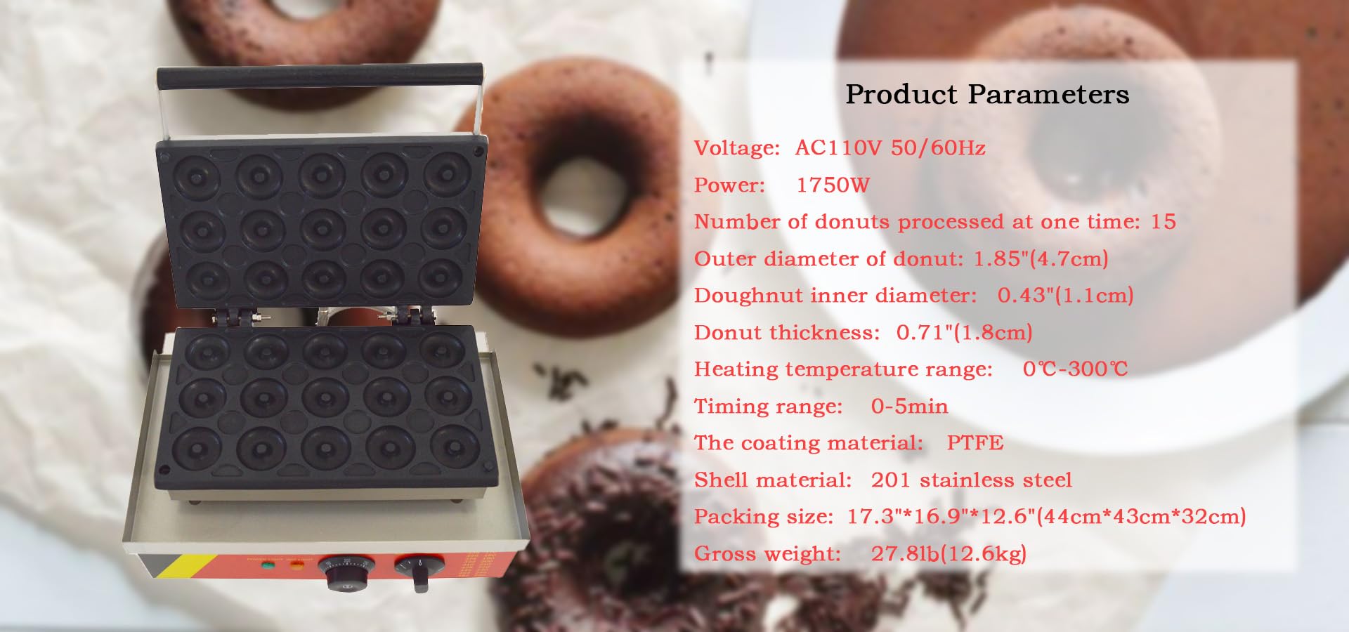 WYDDDARY 15pcs Electric Donut Baking Machine 1750W Waffle Crispy Snack Machine Commercial Baking Machine 110V