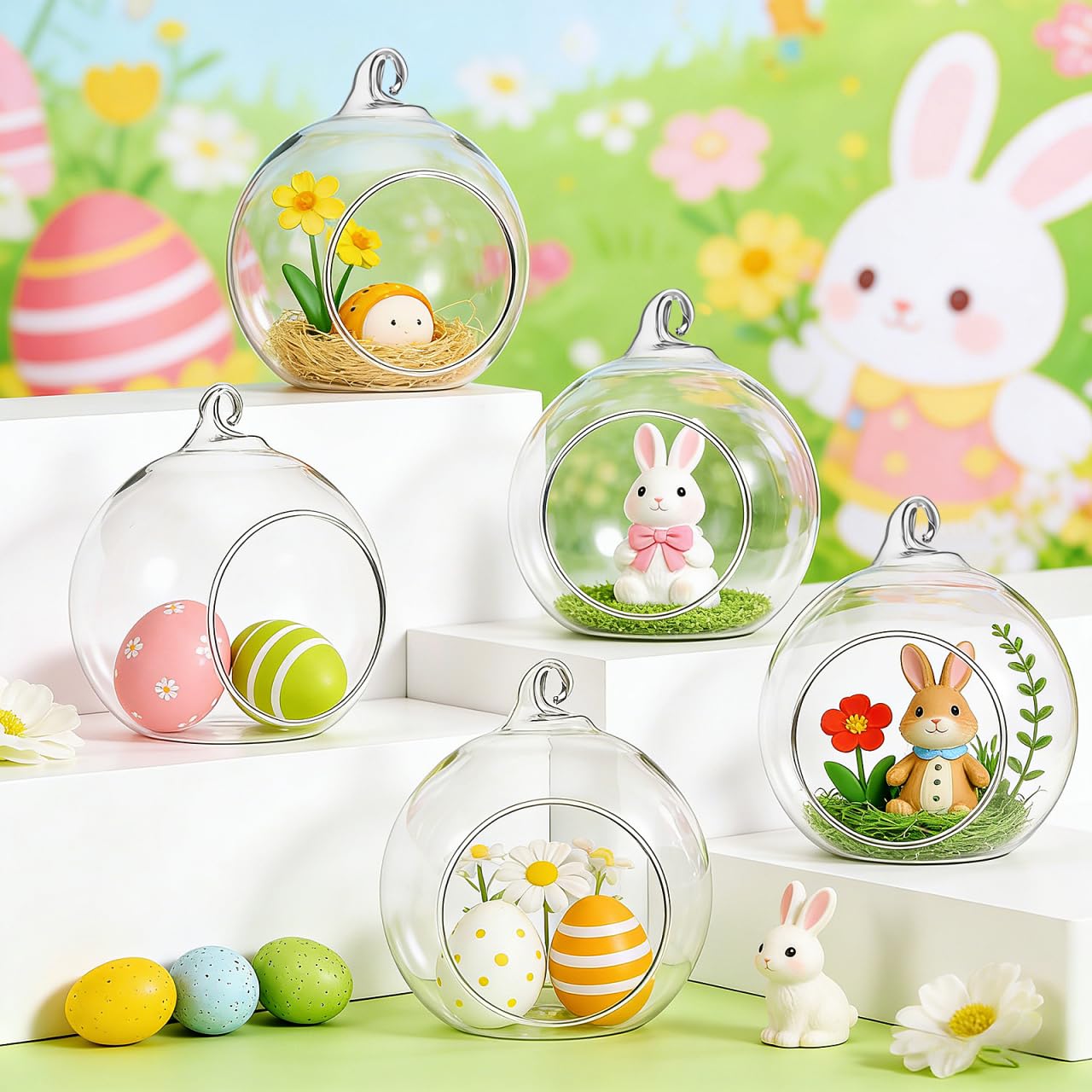 Amosfun Portavelas Colgantes De Cristal Terrario De Bolas EsféRicas DIY Soporte para Luz Led De Té JarróN Colgante para Plantas De Aire 5 Piezas con Cuerda De CáñAmo
