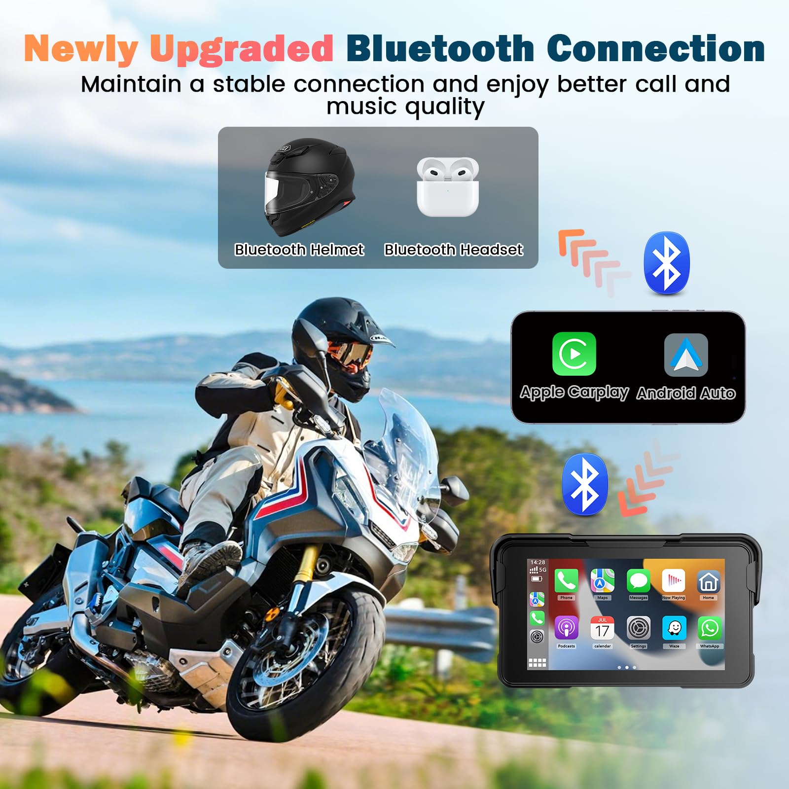 Navigatore Moto 5 Pollici Schermo Moto Carplay per Apple e Android Auto IP67 Impermeabile Touchscreen Bluetooth GPS