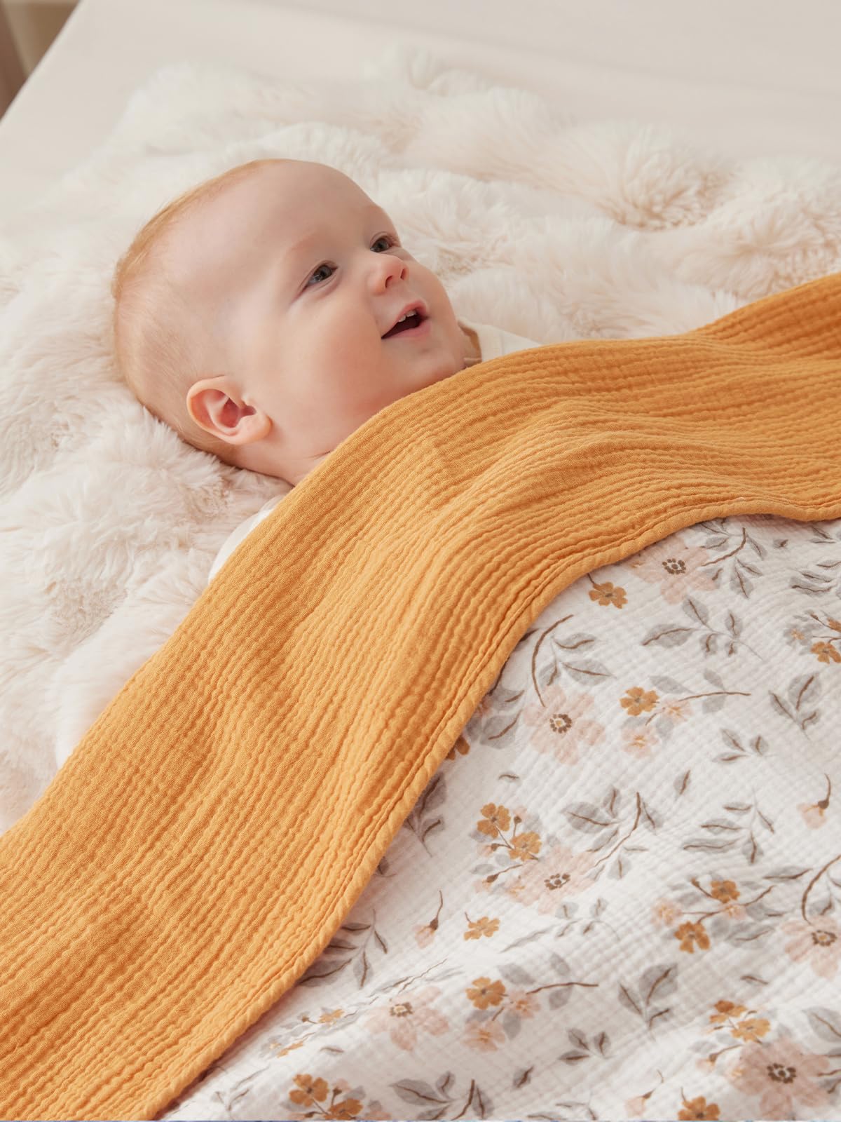 TILLYOU Coperta in mussola a 4 strati, per neonati, 75 x 100 cm, in mussola, in cotone, per neonati, gelsomino giallo