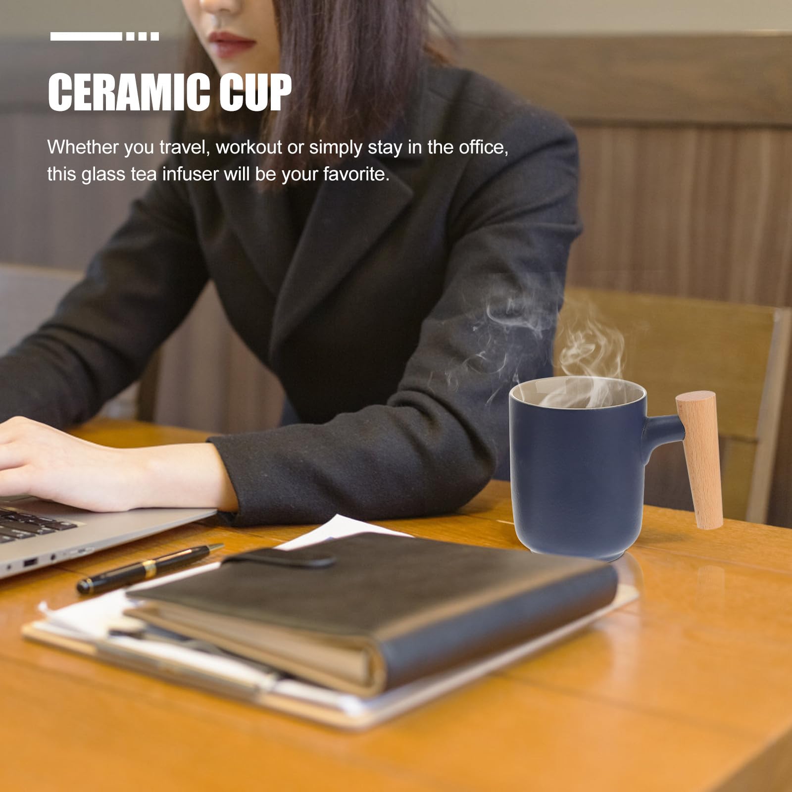Toyvian Tasse à Thé Étanche en Céramique Noire Infuseur et Couvercle, Poignée en Bois Délicate Travail Voyages