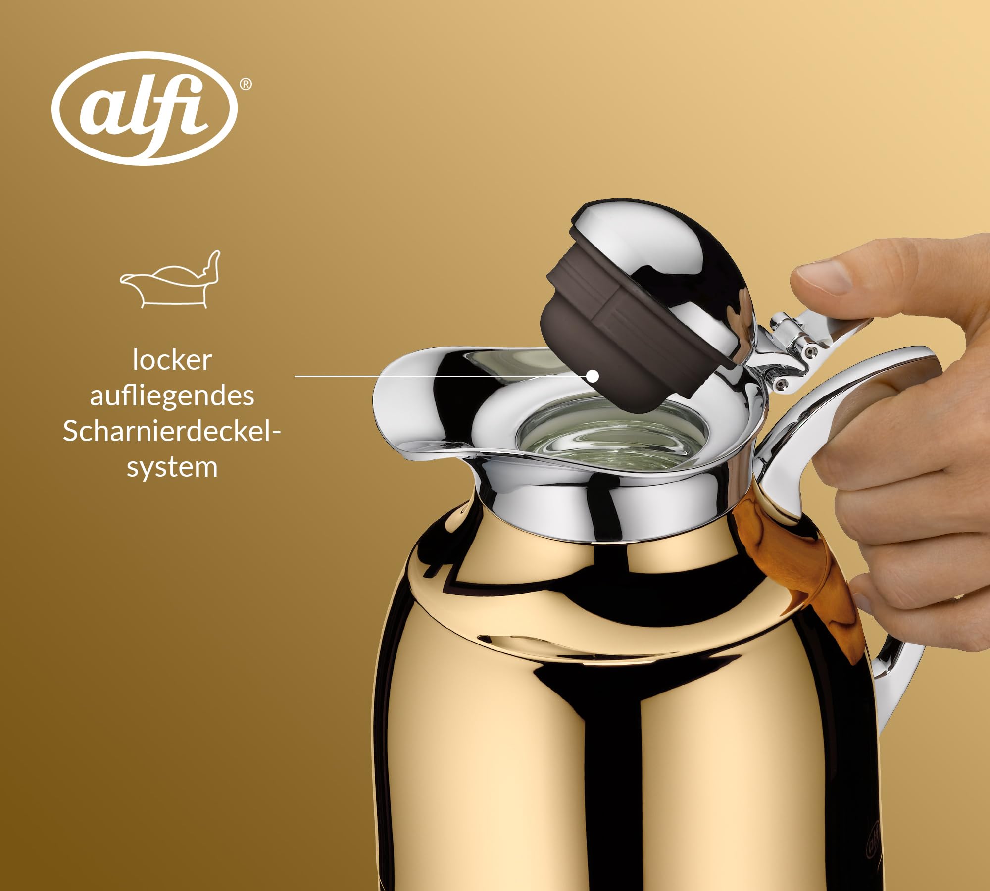 Alfi Juwel Isolierkanne 1,0L | Thermoskanne Edelstahl mit Glaseinsatz | AromaSafe Kaffee & Tee | BPA-frei & nachhaltig | Einhandbedienung | Für Heiß- & Kaltgetränke | Gold plated