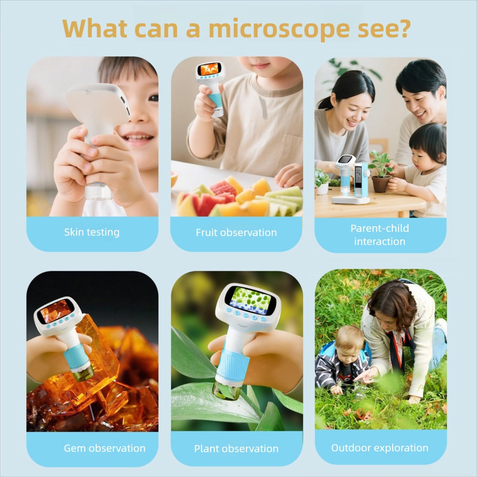 Topiky Kit Microscopio per Bambini, Microscopio Digitale 1080P HD con Supporto, Fotocamera Portatile e Timer, Microscopi Portatili da Esterno per Bambini, Blu CM5