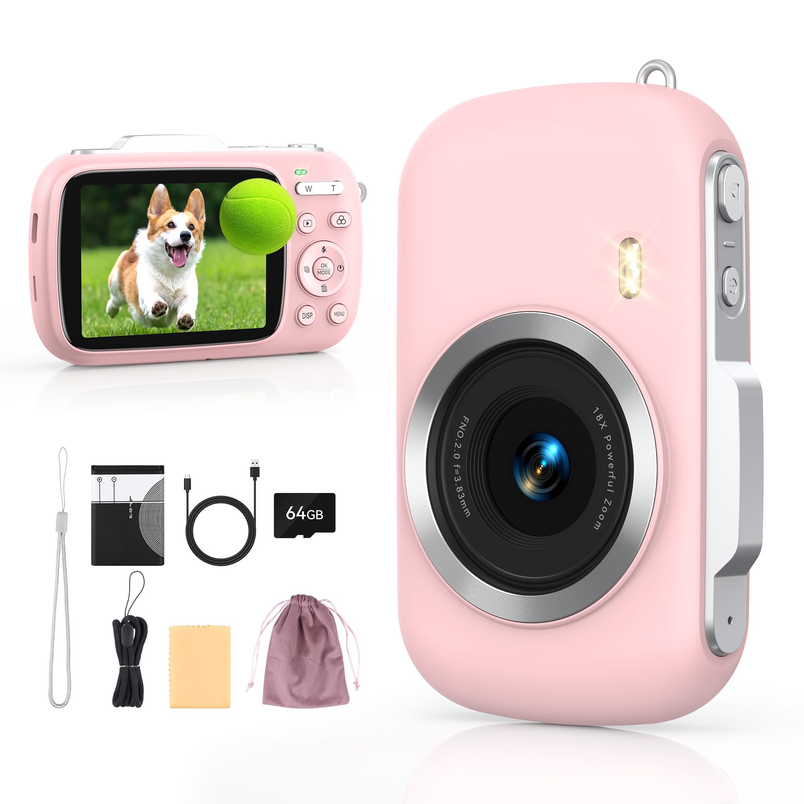 Digital Camera 4K 64MP - Vlogging Camera for Kids & Beginners | 18X Zoom Point and Shoot Camera Anti Shake, Compact with Flash, Gift for Boys Girls(Pink)
