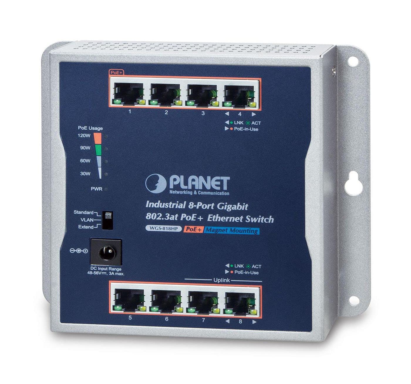Planet PLANET IP30 Industrial 8-Port Non gestito Gigabit Ethernet (10/100/1000) Supporto Power over Ethernet (PoE) Grigio