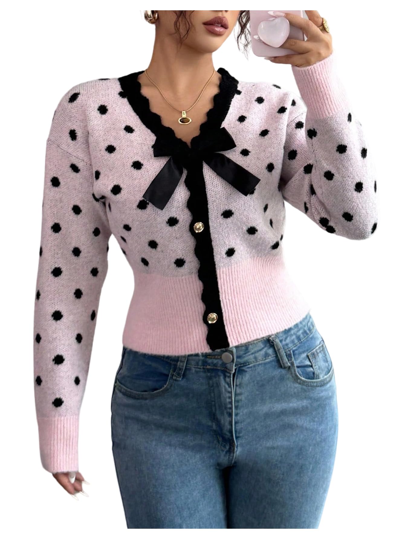MakeMeChic Womens Polka Dots Bow Cardigan Sweater Button Down Long Sleeve Knit Outerwear