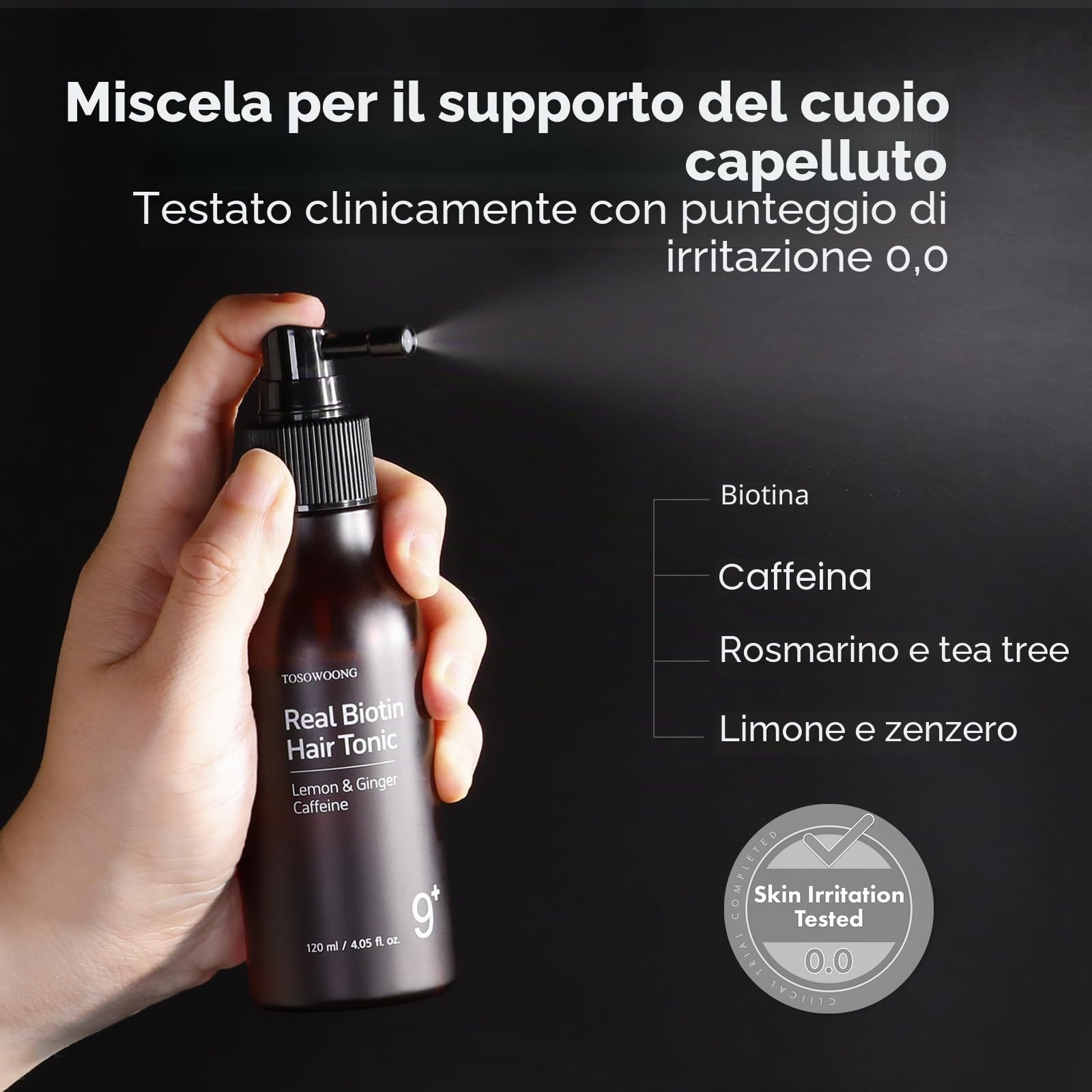 TOSOWOONG Real Biotin Scalp Tonic for Men & Women | Spray Cuoio Capelluto & Capelli | Effetto Rinfrescante Istantaneo, Nutriente | Caffeina, Olio di Rosmarino, Tea Tree | K-Beauty 120ml / 4.05 fl.oz.