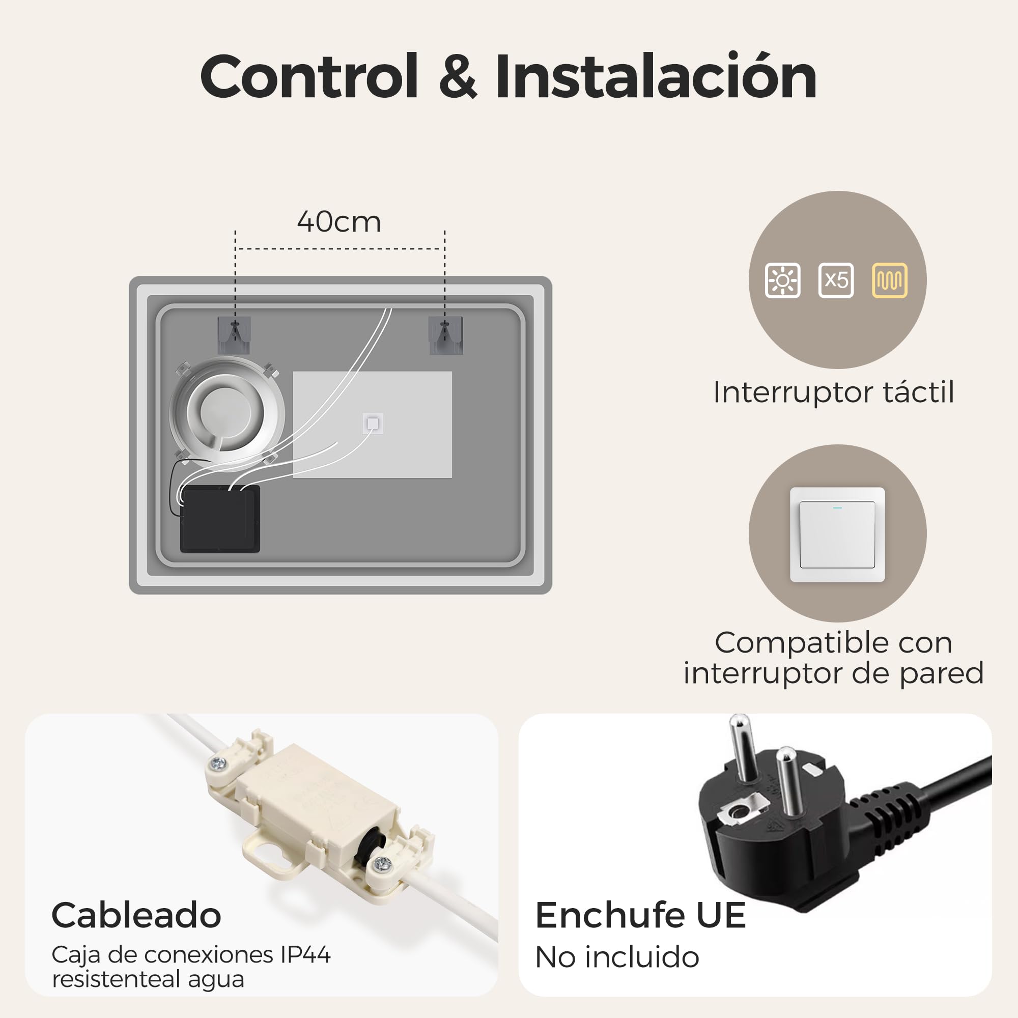 STARLEAD 60x80cm Espejo Baño con Luz LED, Aumento 5X y Antivaho | Regulable, 3 Colores 3000K-6500K, Memoria, IP44, Vidrio Templado, CRI>90, Control Táctil, Montaje en Pared
