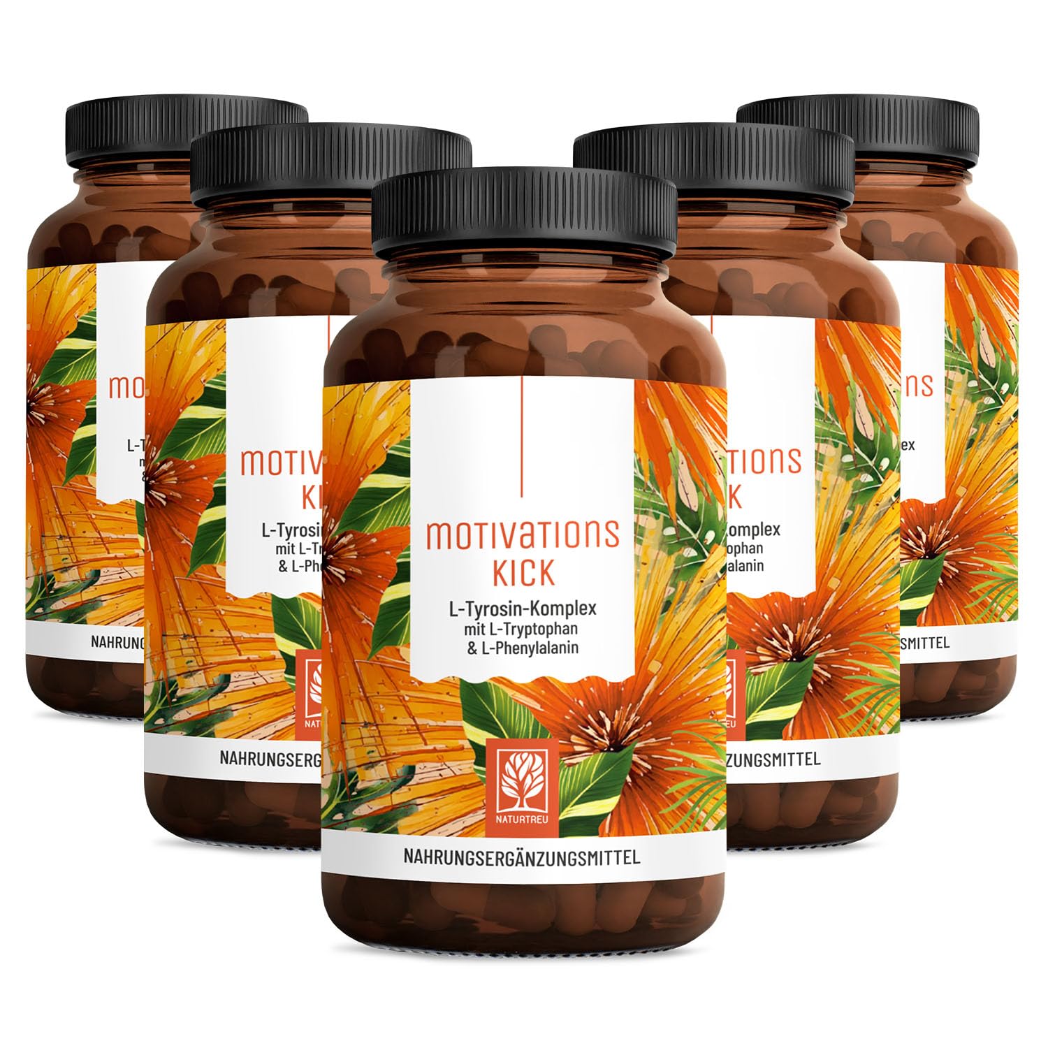 NATURTREU® Motivationskick - 500mg L-Tryptophan Kapseln | kombiniert mit L-Tyrosin & L-Phenylalanin - Vorteilsbundle 5er Paket - Vegan und in Deutschland produziert - Bausteinkomplex