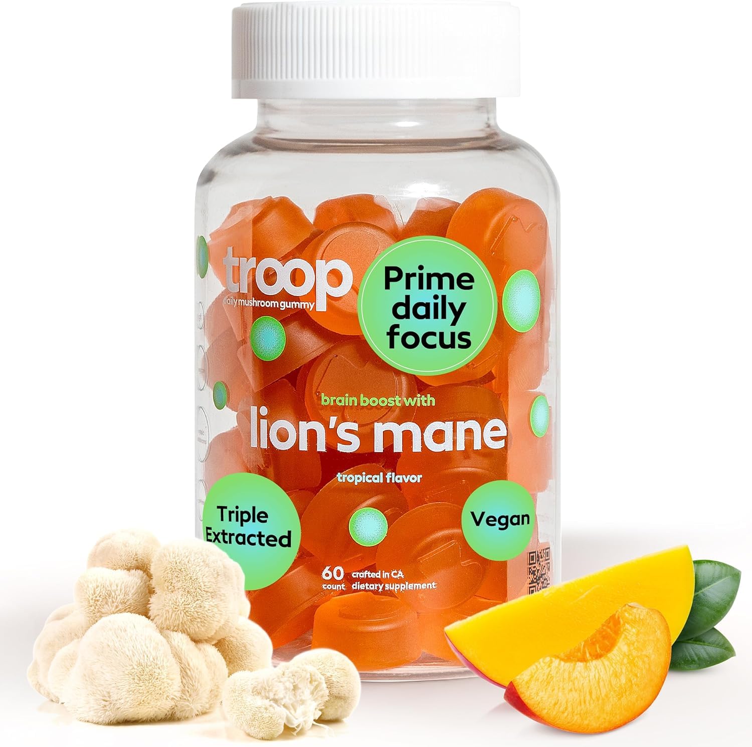 Troop Lion's Mane Mushroom Gummies, Peach Mango, 60 Count