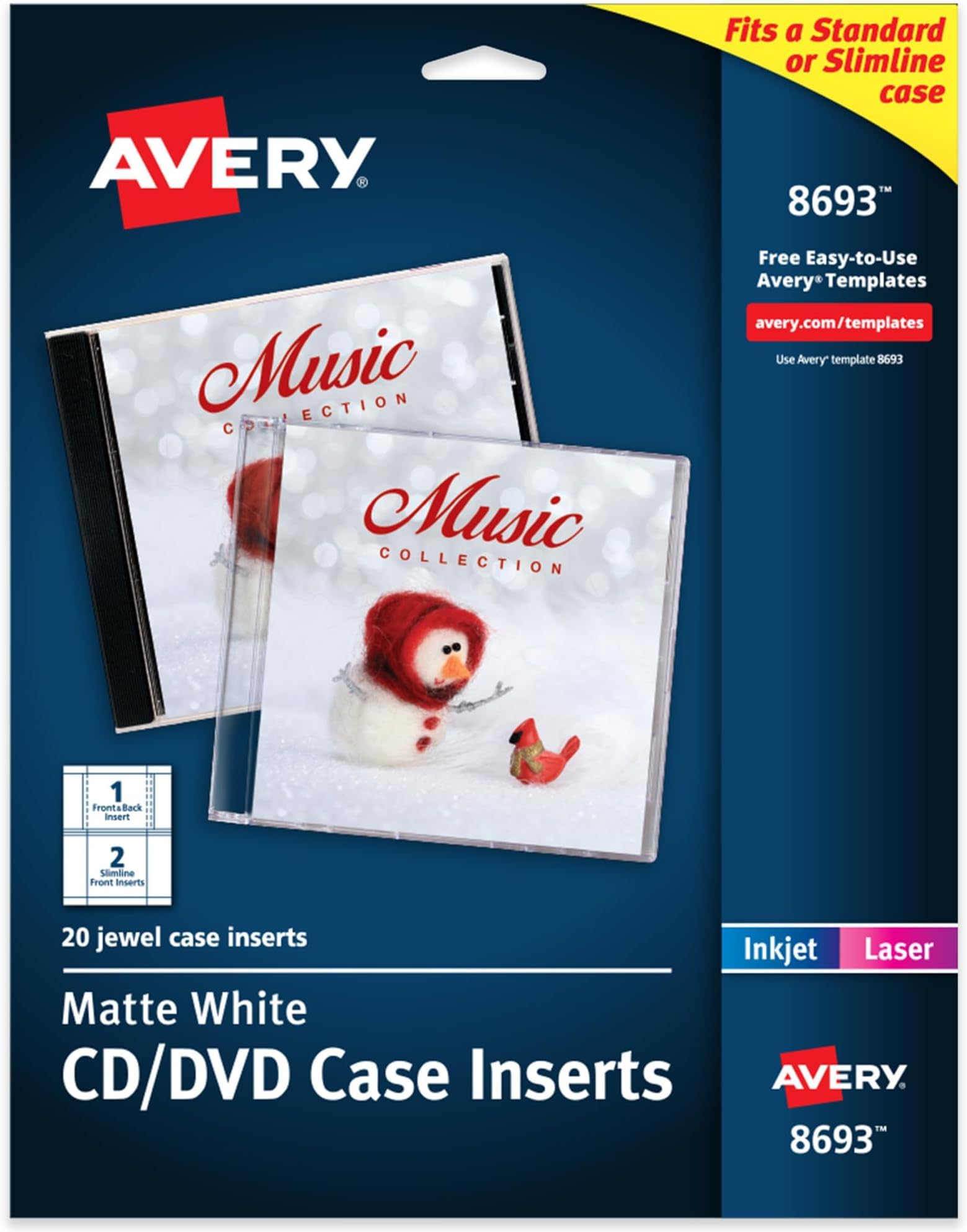 Avery Printable CD Jewel Case Inserts, Matte White, Laser &amp; Inkjet Printer Compatible, 20 Standard and Slimline Inserts, Ideal for CDs, DVDs, Presentations, Portfolios, and More (8693) (Pack of 5)