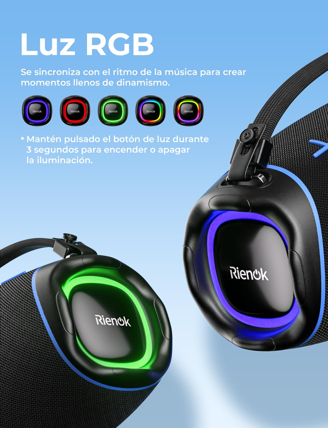 RIENOK Altavoz Bluetooth Potente 100W Portátil 30H con 2 Tweeters 2 Woofers | Impermeable IPX6 Luces RGB Bluetooth 5.3 Inalámbrica Emparejamiento Estéreo Apoya 128G Tarjeta TF, AUX, Memoria USB