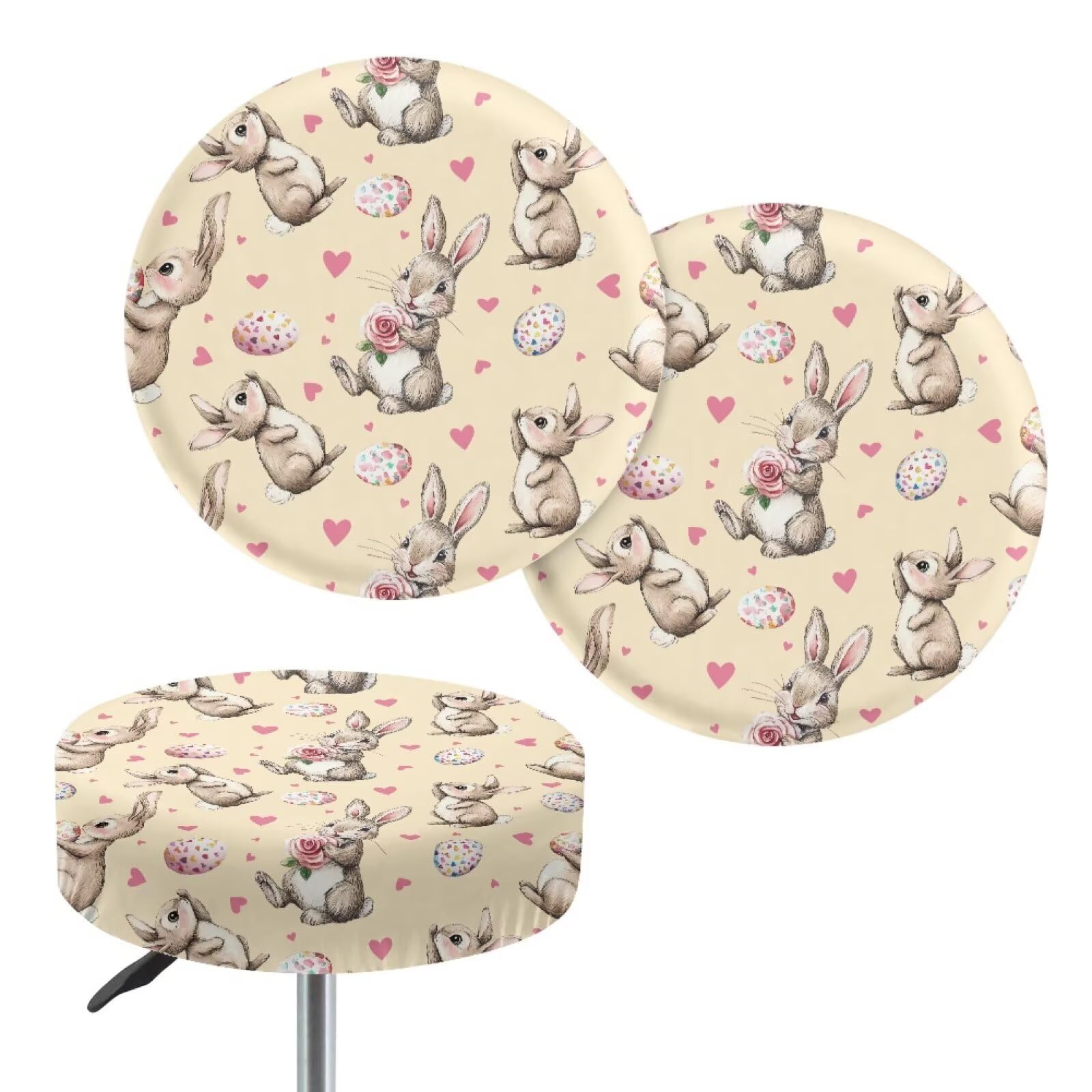 Wanyint Seat Cover for Round Bar Stool, 2 Pack Non-Slip 13-15 Inch Bar Stool Slipcover Vanity Seat Stool Slipcovers for Home Bar Easte Decor, Easter Bunny Egg Heart Yellow โ image 1