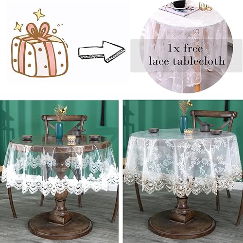 Miniatura 2 de Mantel redondo de plástico transparente impermeable de vinilo PVC con borde de encaje bordado, cubierta de mesa transparente para uso en cocina,