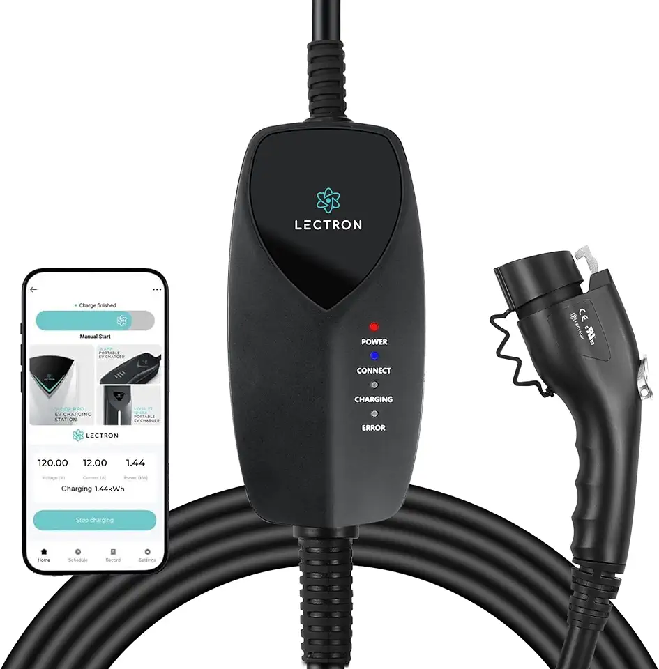 Lectron Carregador portátil nível 1 J1772 EV com controle Wi-Fi/aplicativo - 12 Amp, carregador portátil de 120 V com plugue NEMA 5-15, cabo de carregamento de 4,9 m - apenas para veículos elétricos