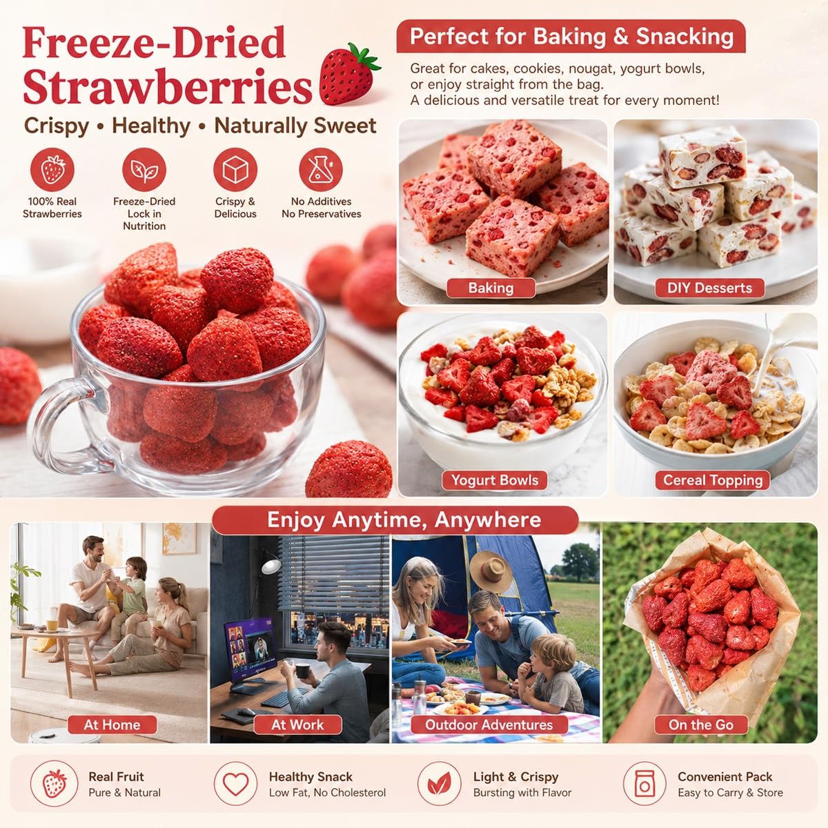 Fresas Enteras Liofilizadas 300g - Fruta Deshidratada Natural Sin Azúcar Añadida Botana Crujiente Para Repostería Yogur