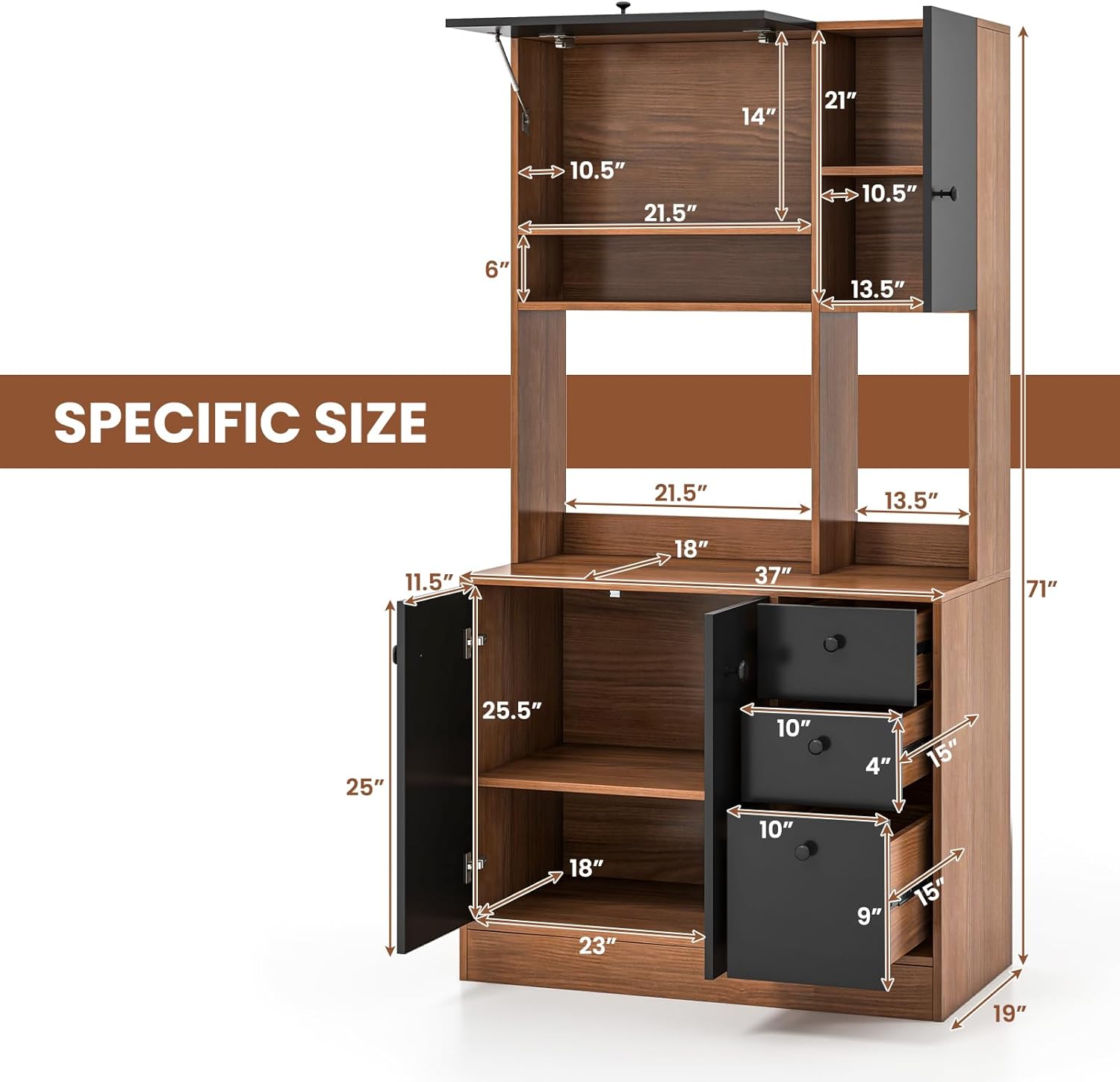 LOKO 71” Tall Kitchen Pantry Storage Cabinet, Freestanding Buffet Hutch with Doors, Adjustable Shelves, 3 Drawers and Microwave Stand, Kitchen Hutch for Dining Room, Living Room (Walnut & Black)