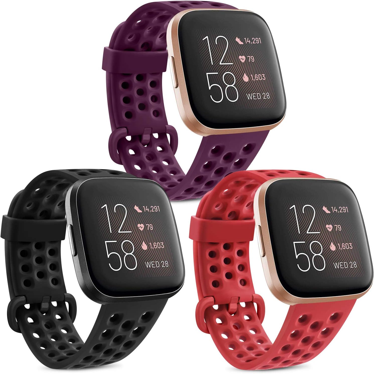 IEOVIEE Sport Bands Compatible with Fitbit Versa 2 / Versa Lite/Versa Smartwatch, Waterproof Breathable Wristbands for Fitbit Versa 2 Smart Fitness Watch (Small, Black+Red+Purple)