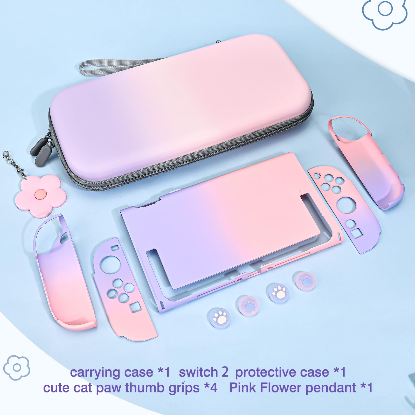 DLseego Tasche nur für Switch 2,Tragetasche für Reise mit Stabiler Schutzhülle,4PCS Daumenabdeckung und 1PC Schöne Blume Charme,Rosa+Lila