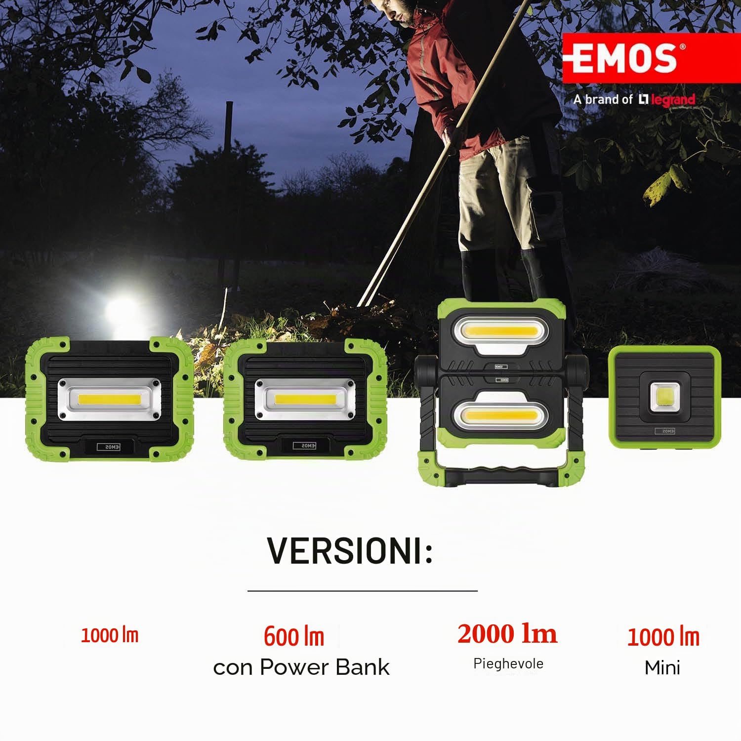 Faro da lavoro a LED pieghevole EMOS, luce da lavoro girevole a 360° con supporto, super luminoso 2000 lm faro portatile a batteria per l’edilizia, ricaricabile USB 8000 mAh, portata 70 m