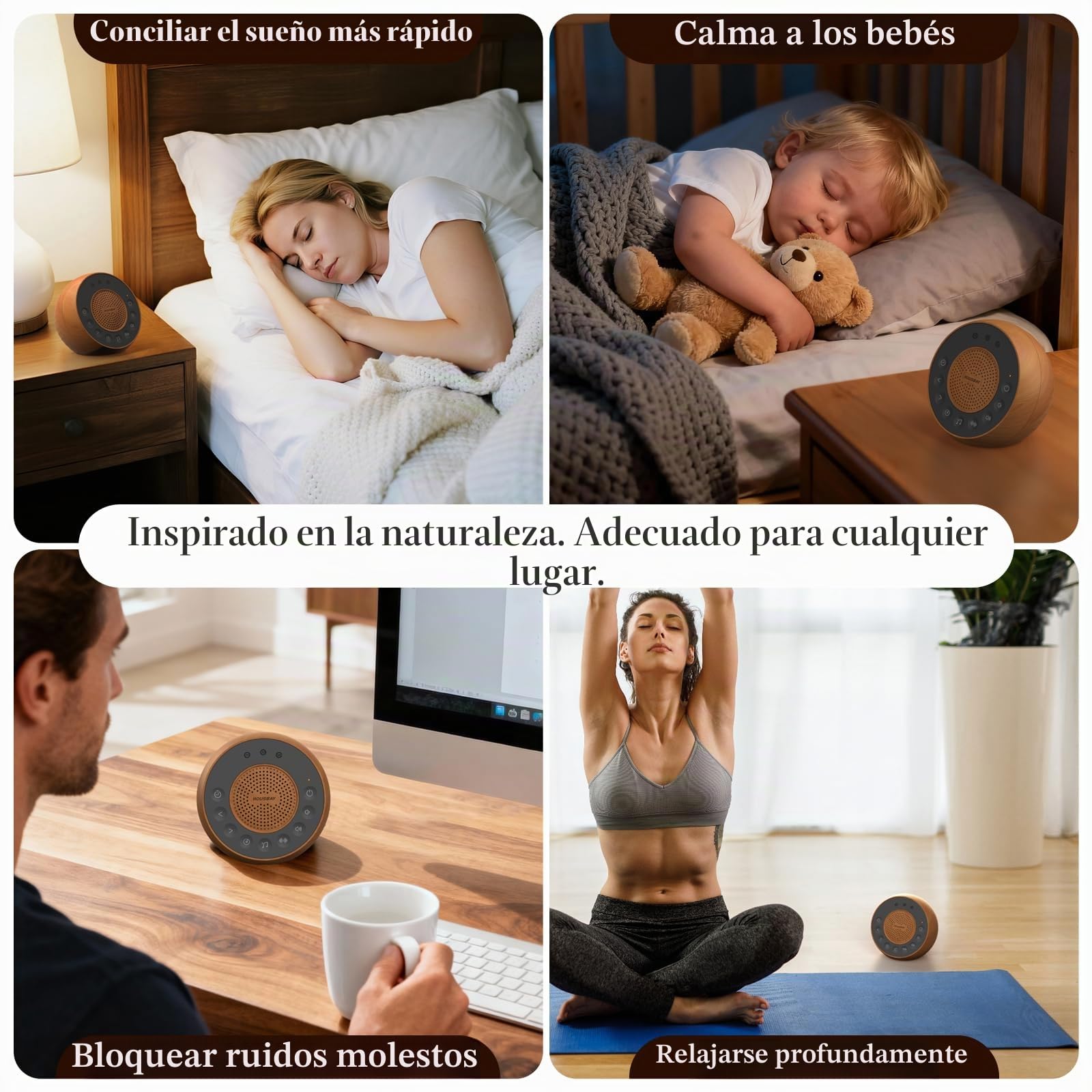 Housbay - Máquina de Ruido Blanco, Ayuda para Dormir para Adultos y Bebés, 35 Sonidos Naturales Relajantes para Dormir, Máquina de Ruido Blanco con Temporizador de Dormido y Diseño de Madera