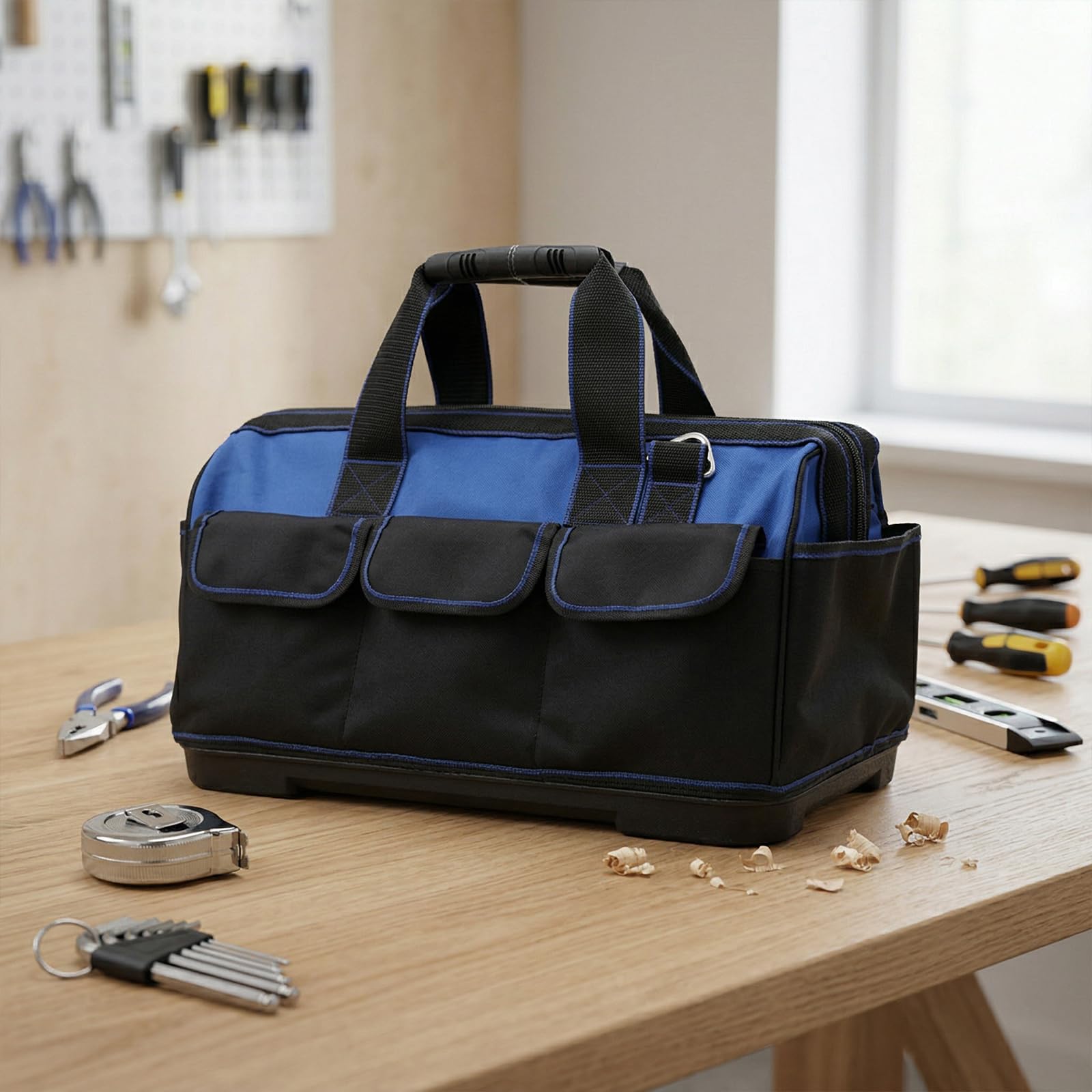 Borsa per attrezzi resistente con fondo rigido impermeabile, ampia apertura per elettricista, carpentiere, meccanico, con molte tasche (Blu, 21/29/40 cm)