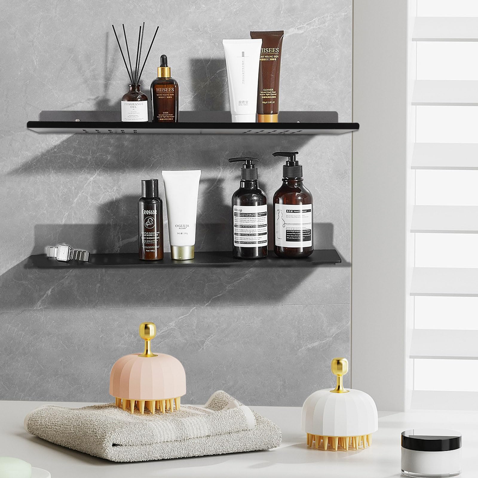 UVKDEENK 2 Pack Wall-Mounted Self Adhesive Wall Shelf Counter Corner Floating Shelves Over The Sink Faucet Aluminum Alloy
