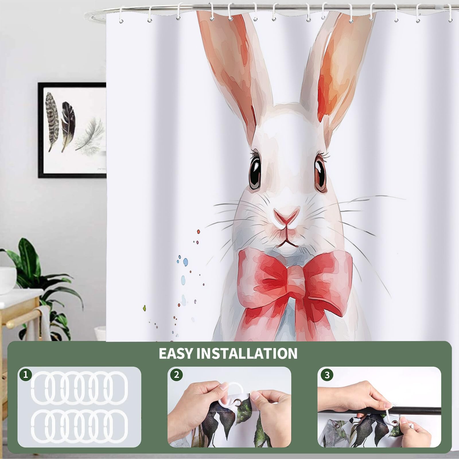 Rideau De Douche Lapin À Nœud Animaux À L'Aquarelle Tissu Imperméable Lavable avec Crochets Anti Moisissure en Polyester Rideau Douche pour Salle De Bain