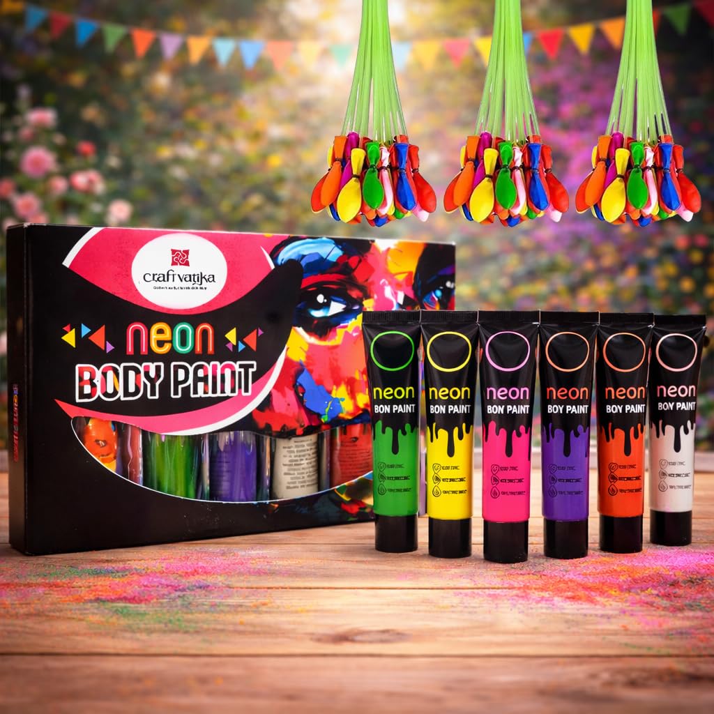 CraftVatika Neon Body Paint with Water Balloons Combo Pack for Holi Festival, Face Paint, Skin Friendly Neon UV Glow Colour Paint (6 Tubes, 111 Balloons)