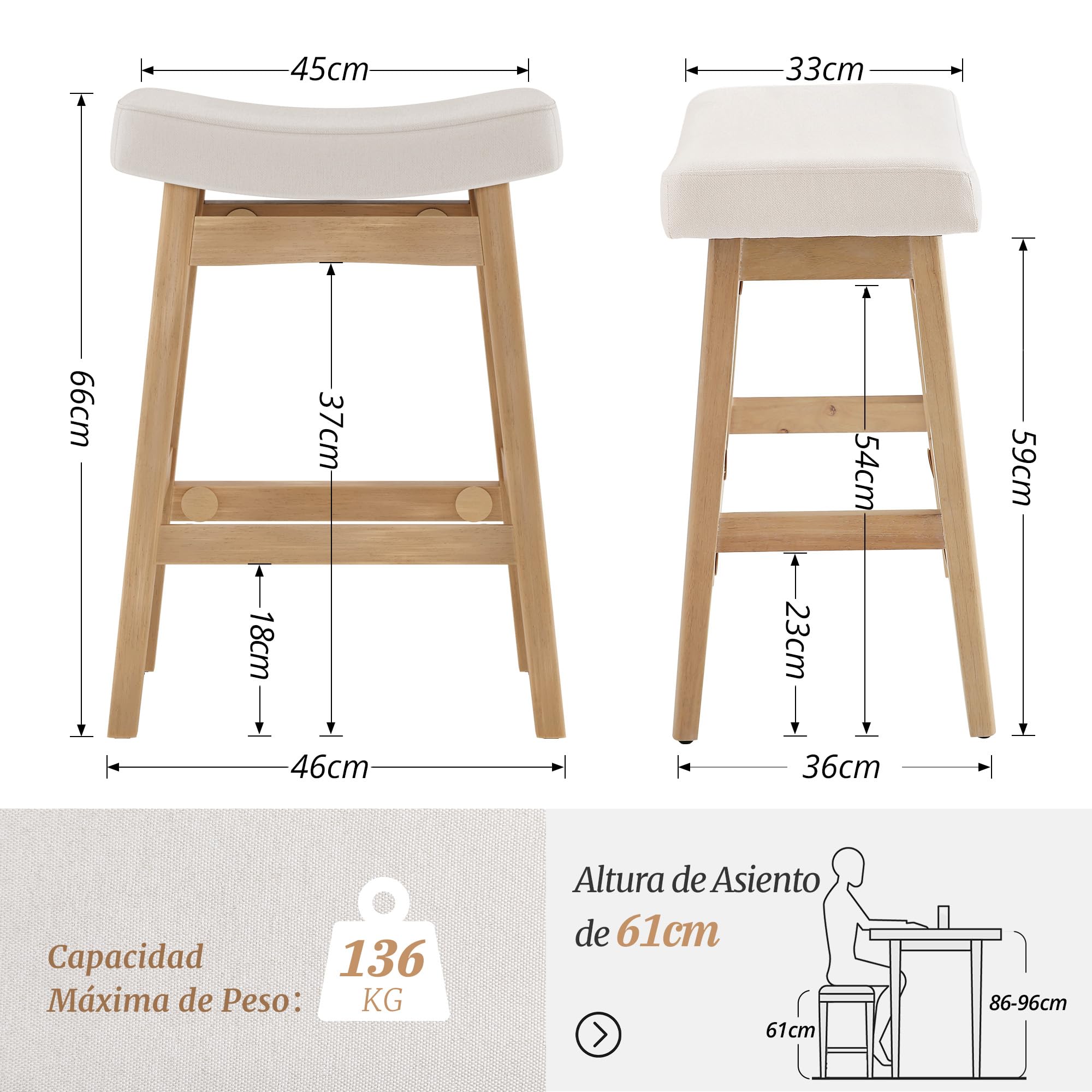 LUE BONA Juego de 2 Taburetes Altos de Cocina Madera,61cm Taburete de Bar con Reposapiés y 4 Patas de Madera,Taburetes Cocina con Tela Asiento,para Cocina,Salón,Comedor,Bar,Beige