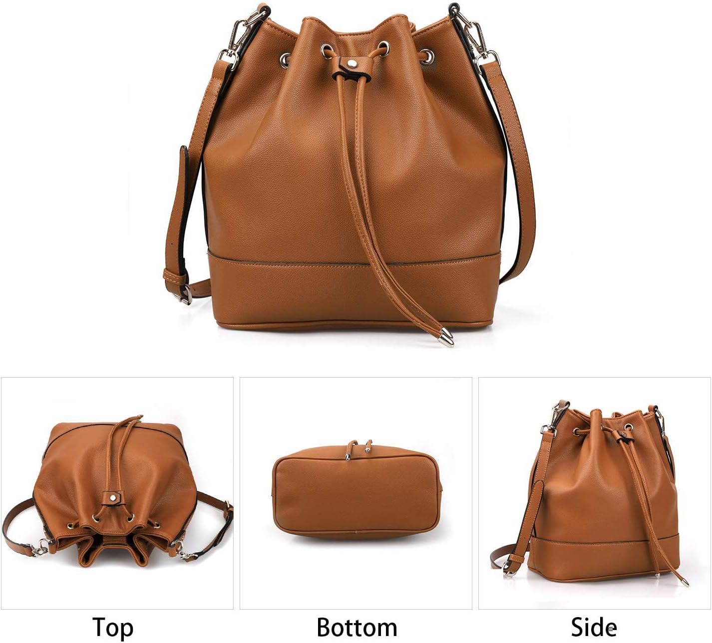 AFKOMST Leather Bucket Bags and Drawstring Crossbody Purse for Women Medium Tote and Hobo Handbags with 2 Shouder Straps - Image 3