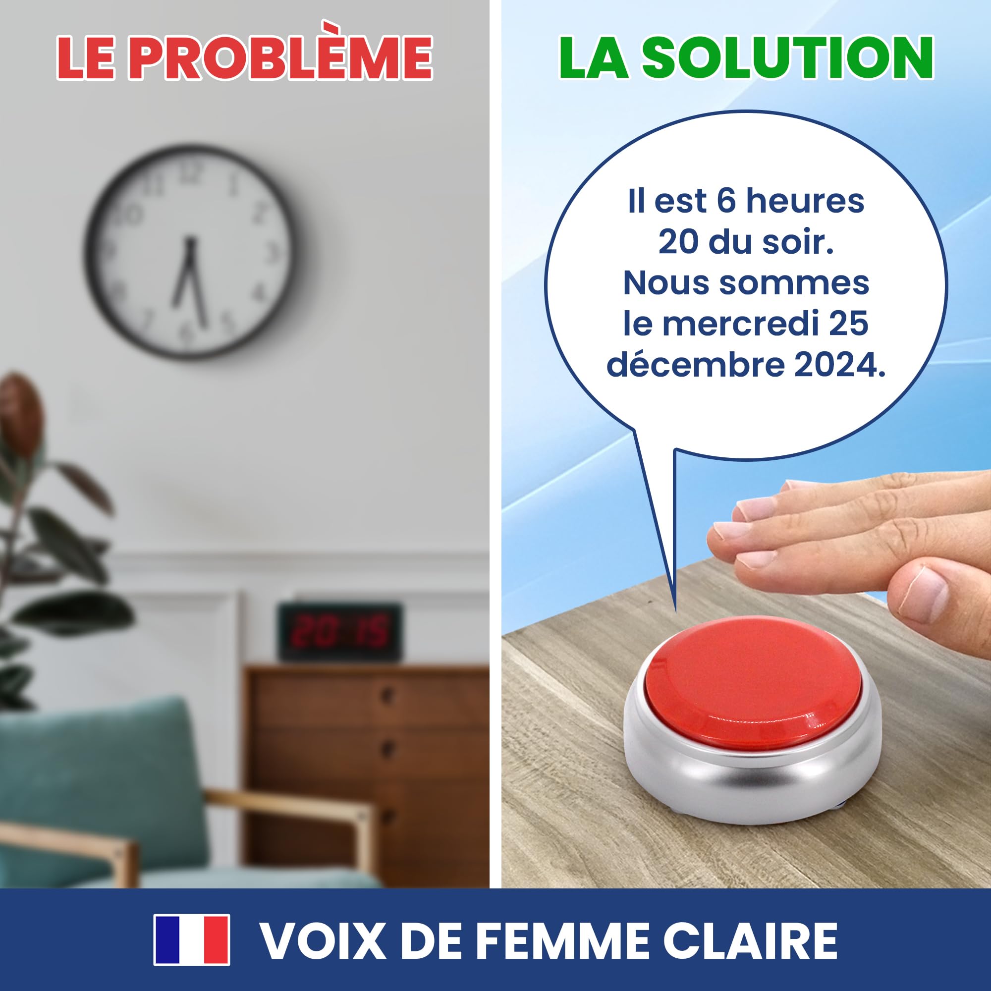 Horloge Parlante pour Malvoyant Format 12 Heures - Plus Facile à Comprendre | Réveil Parlant pour Personne Agées, Alzheimer - Réveil Haute Visibilité, Voix Française - Cadeau pour Personne Aveugle