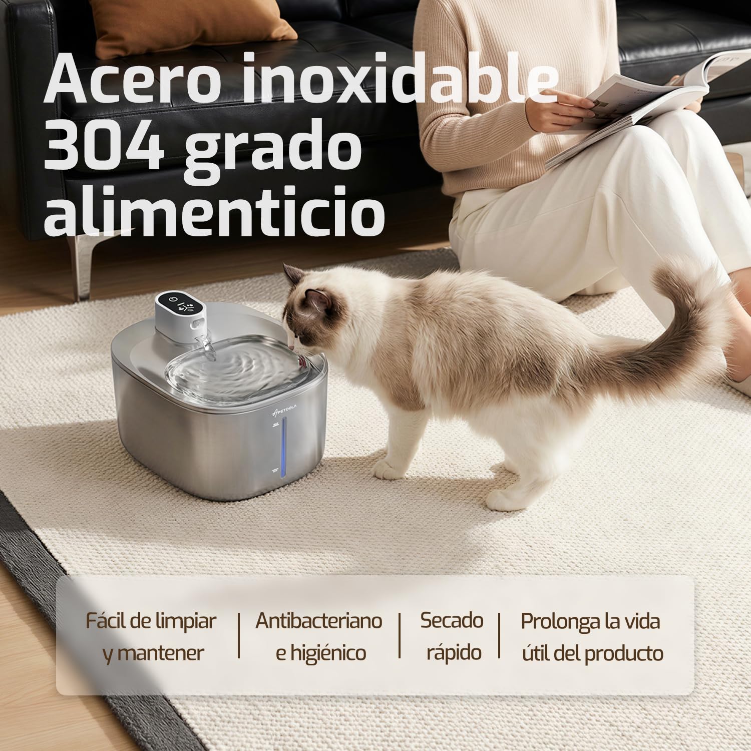 Fuente para mininos Acero Inoxidable, Bebedero mininos, 4L Fuente Agua mininos con Sensor Automático, Bebedero mininos Ultra Silenciosa con Batería de 4000 mAh, FS10pro (Blanco, 1 Filter)