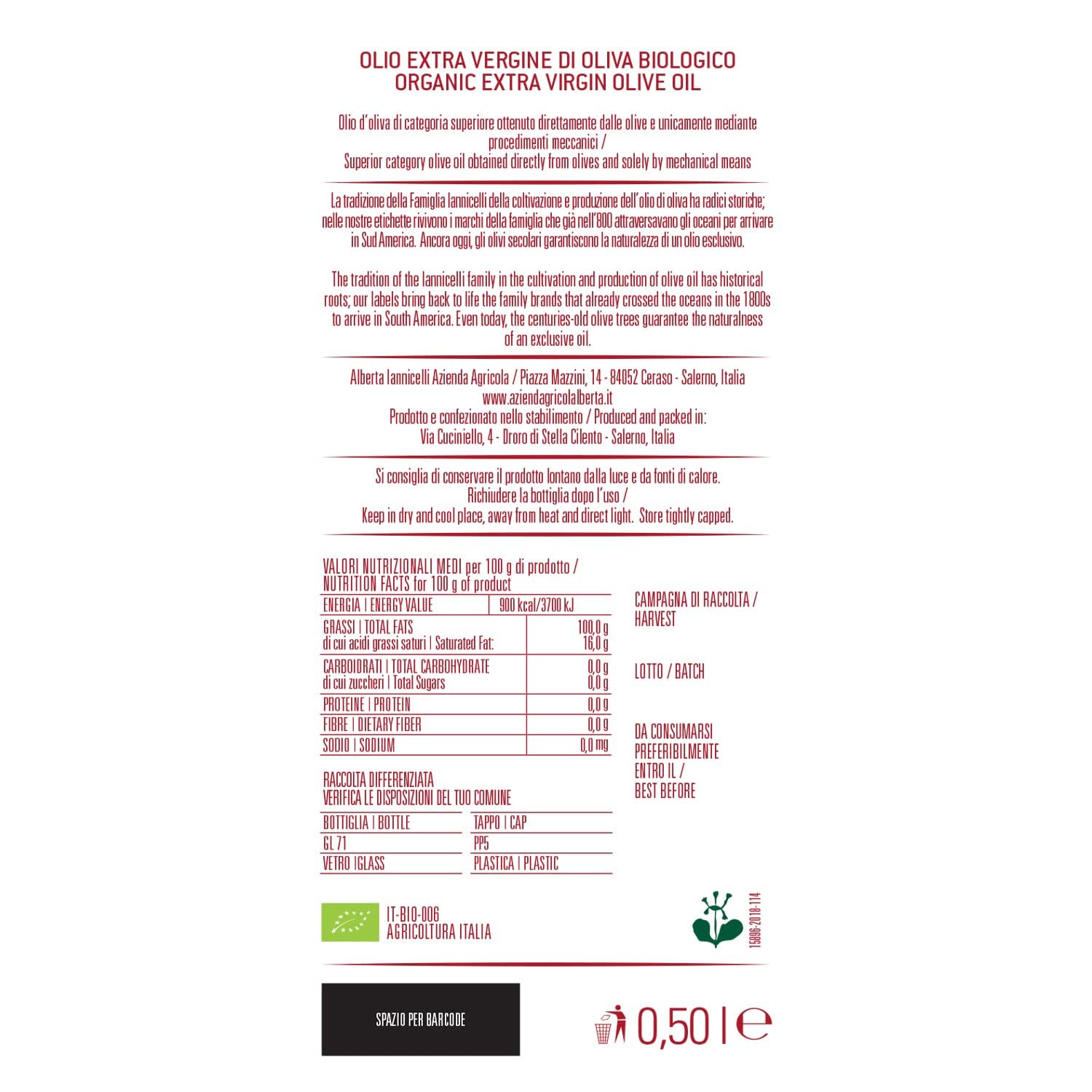 Finissimo di Ceraso - Filtrowana Organiczna Oliwa z Oliwek Extra Virgin - 100% Made in Italy - Alberta Iannicelli Azienda Agricola (500 ml x 6)