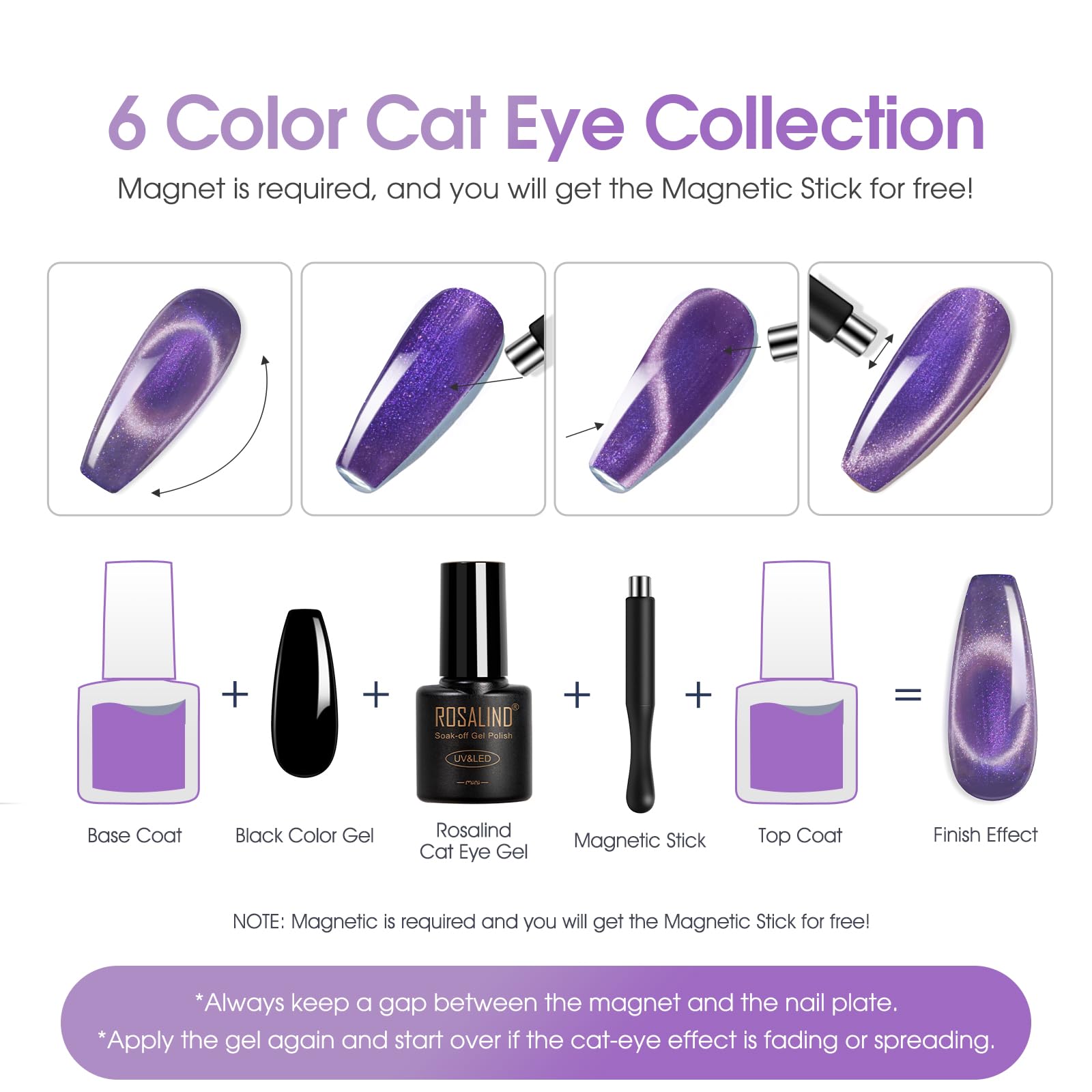 ROSALIND Zestaw lakierów do paznokci Aurora Cat Eye, 6 kolorów Fioletowy Niebieski Brązowy Zestaw żeli do paznokci Cat Eye z Manget, Soak off UV/LED długotrwały lakier żelowy Manicure dla kobiet