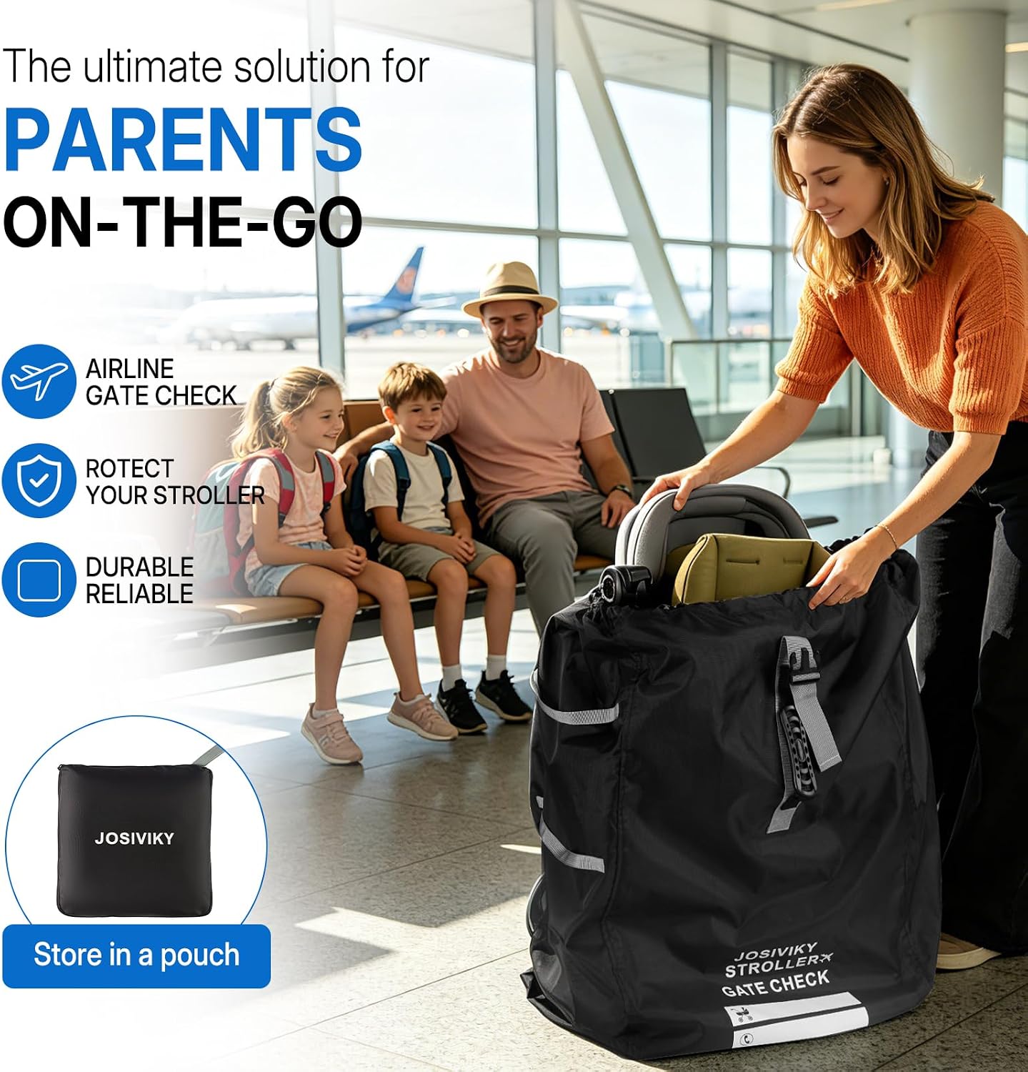 Stroller Bag for Airplane Gate Check, Universal Stroller Travel Bag & Car Seat Bag for Air Travel, Foldable Water Resistant Travel Essentials with Adjustable Shoulder Straps, Black
