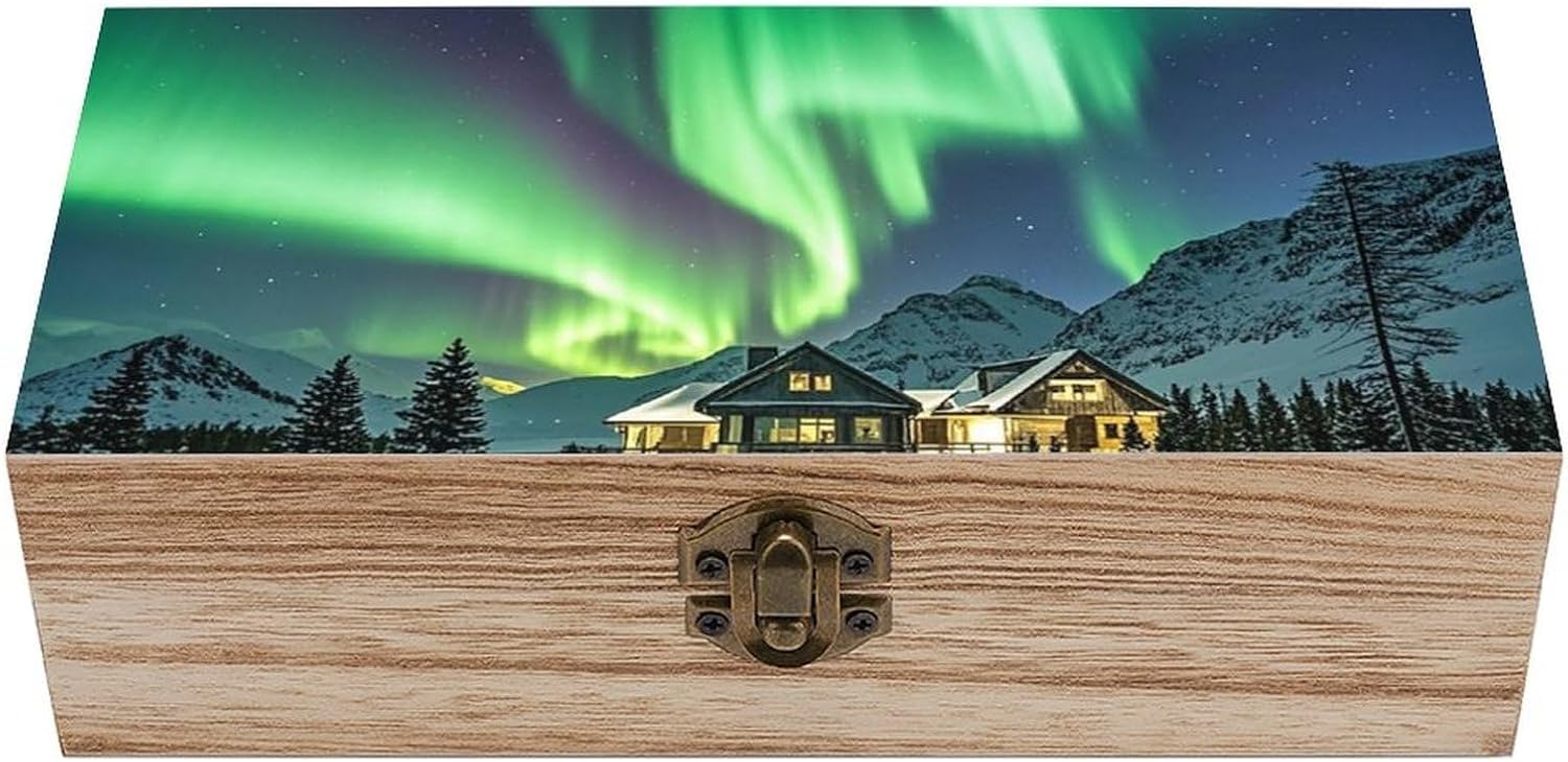 Northern Lights Wooden Keepsake Box Wooden Keepsake Memory Decorative Box for Him Her Wooden Crates Set for Photos Letters Crafts & Home Organization