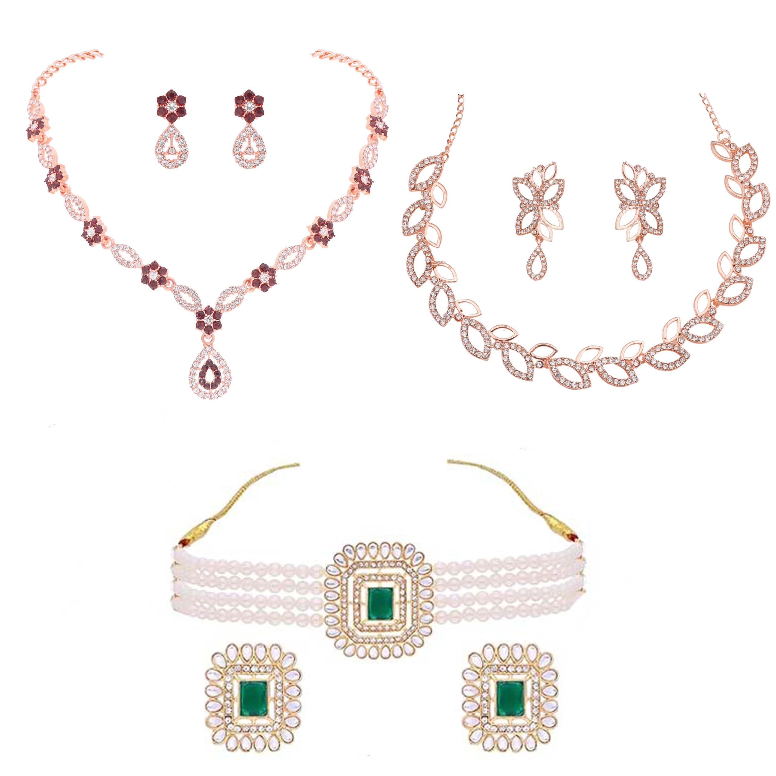 A 3-piece necklace set with matching earrings, showcasing a blend of classic elegance and contemporary style, perfect for any event.