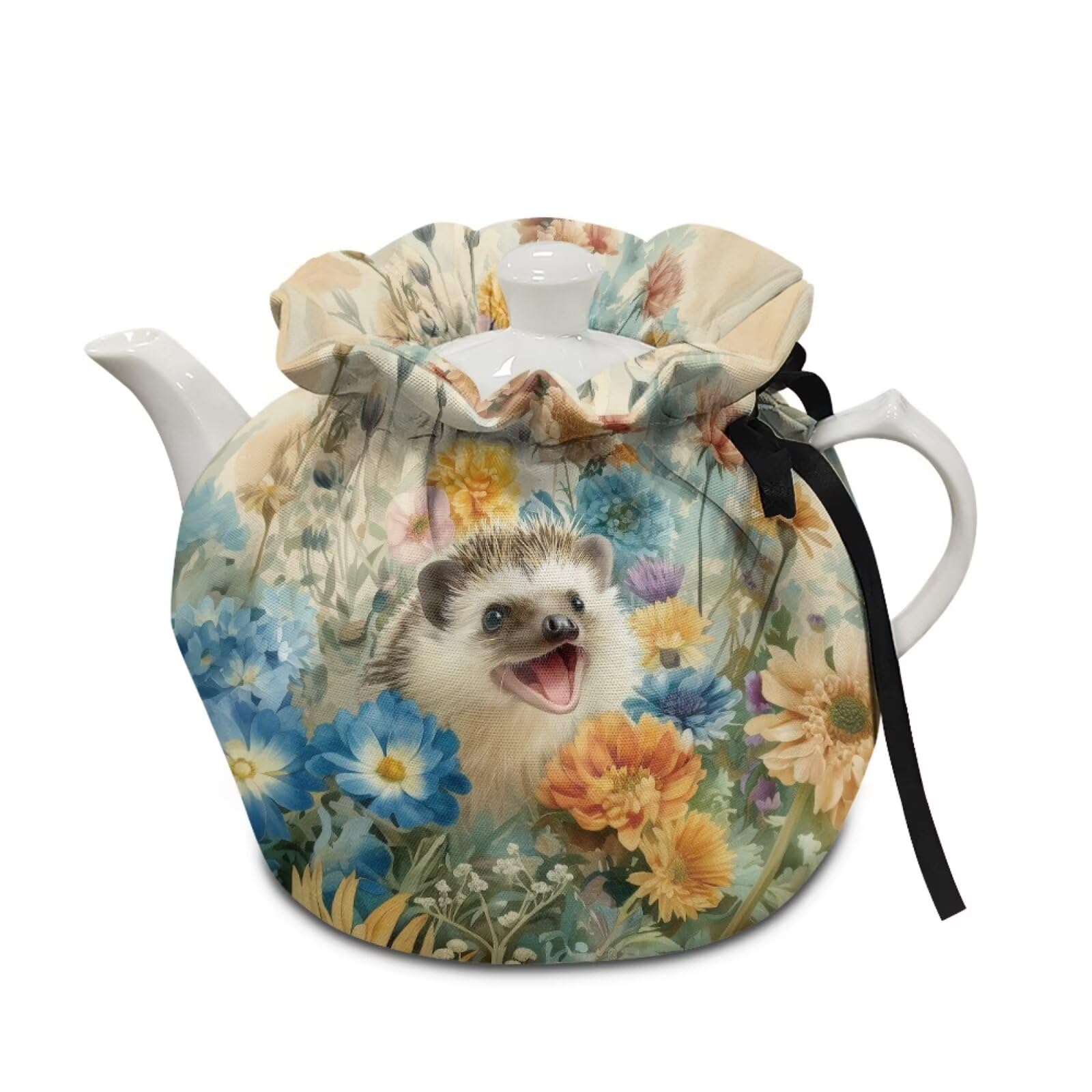 Tea Cosy for Teapot Insulated Hedgehog Flower Print Tea Pot Cozy Cover Portable Insulated Teapot Dust Cover with Drawstring, Brown