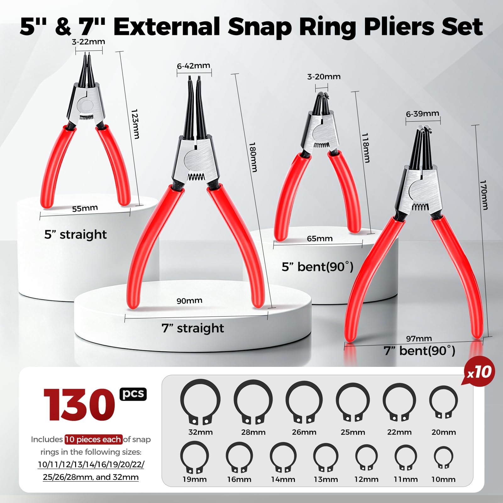 Set di pinze per anelli elastici esterni da 12,7 cm e 17,8 cm