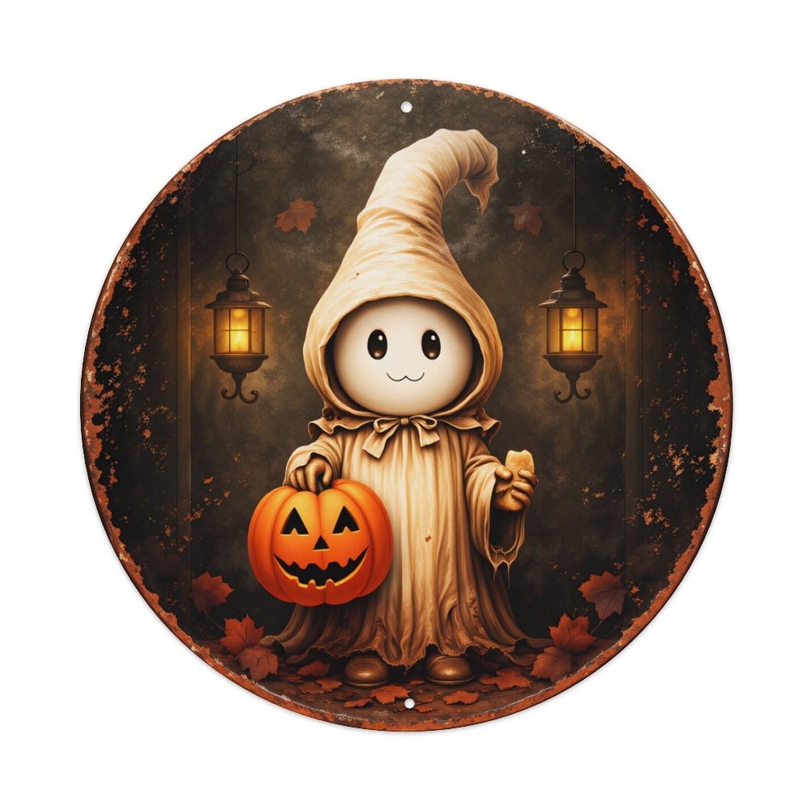 Halloween Witch Pumpkin Lantern Leaves Vintage Round Tin Sign Retro Metal Wall Decor Metal Poster, Home Bar Garage Cafe Wall Art Decoration 8x8Inches