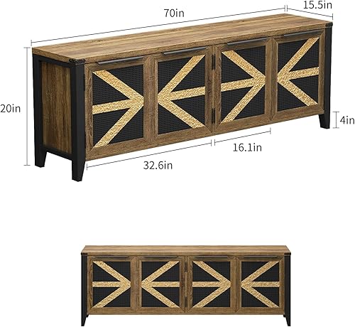 Miniatura 6 de VFK Soporte de TV de granja de 70 pulgadas para TV de 75 pulgadas, centro de entretenimiento rústico con 4 puertas, gabinete de consola multimedia