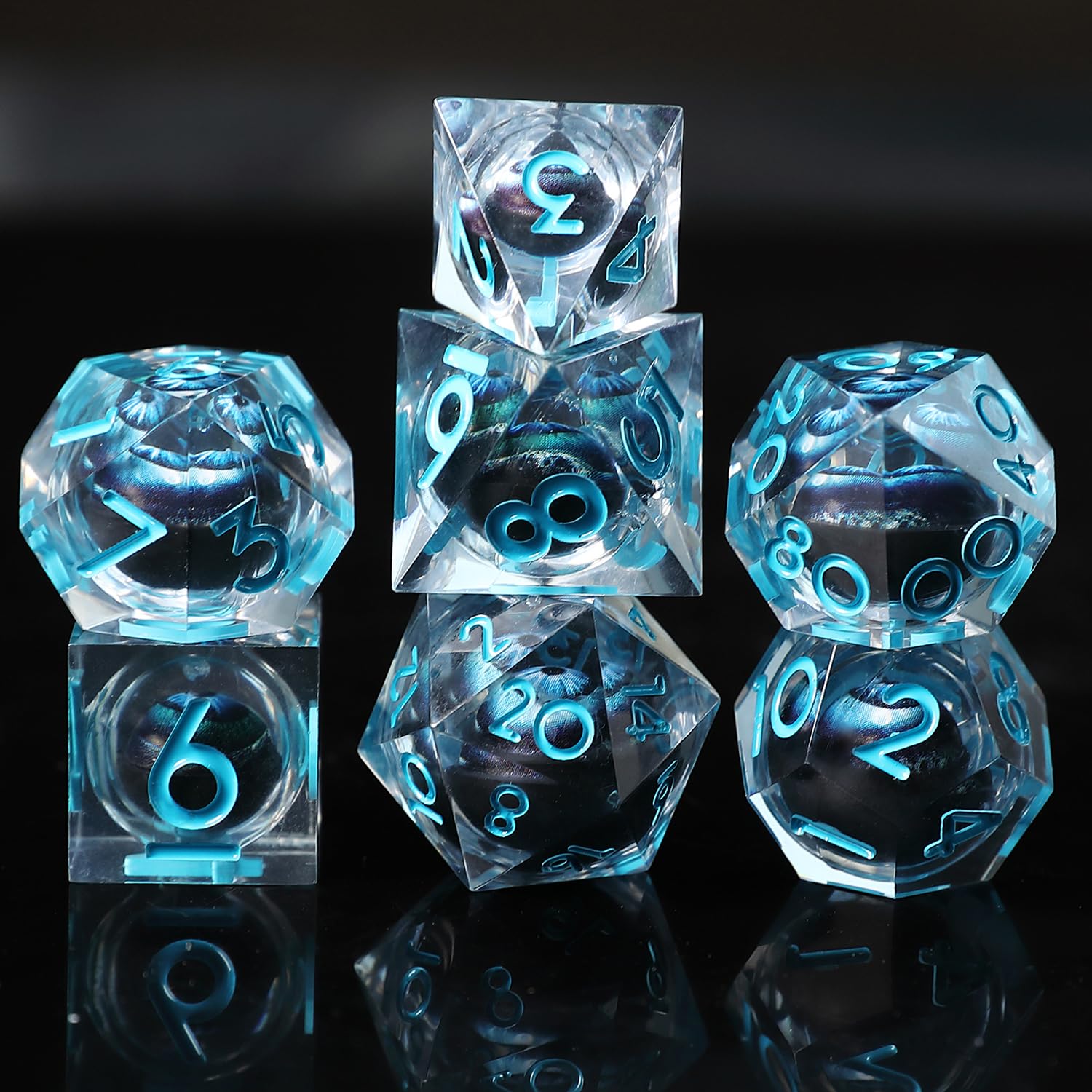 DND Dice Set Floating Pupil Skull Eyeball 7 Piece Handmade Polyhedral D&D Resin Sharp Edge Dice for Dungeons and Dragons RPG Role Playing Antique Halloween Dice with Gift Box