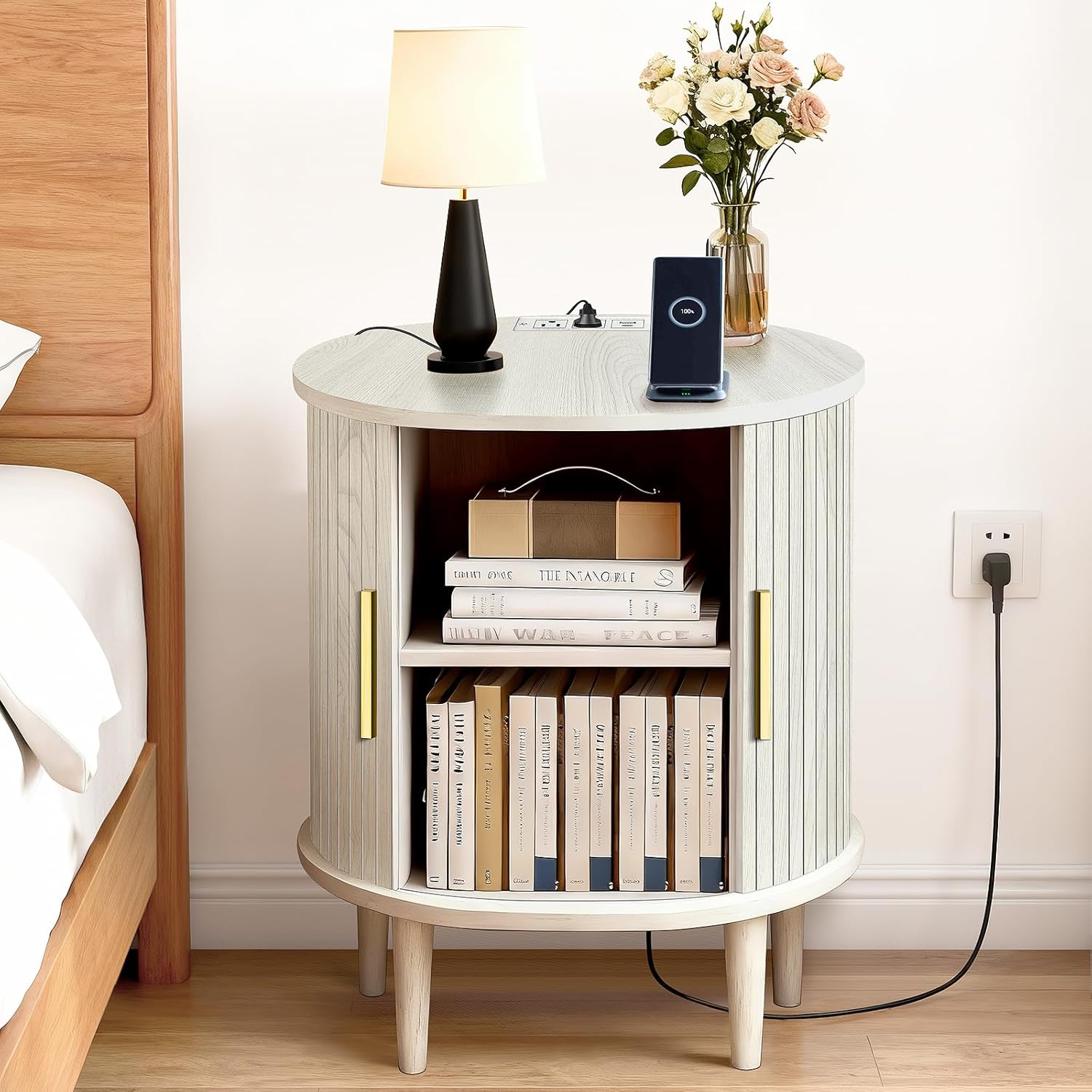 DHH Mid Century Modern Nightstand Set of 2 with Charging Station, Fluted Accent Side Table with Sliding Door & Adjustable Shelf, End Table for Small Space, Living Room, Bedroom,Sofa Couch, White